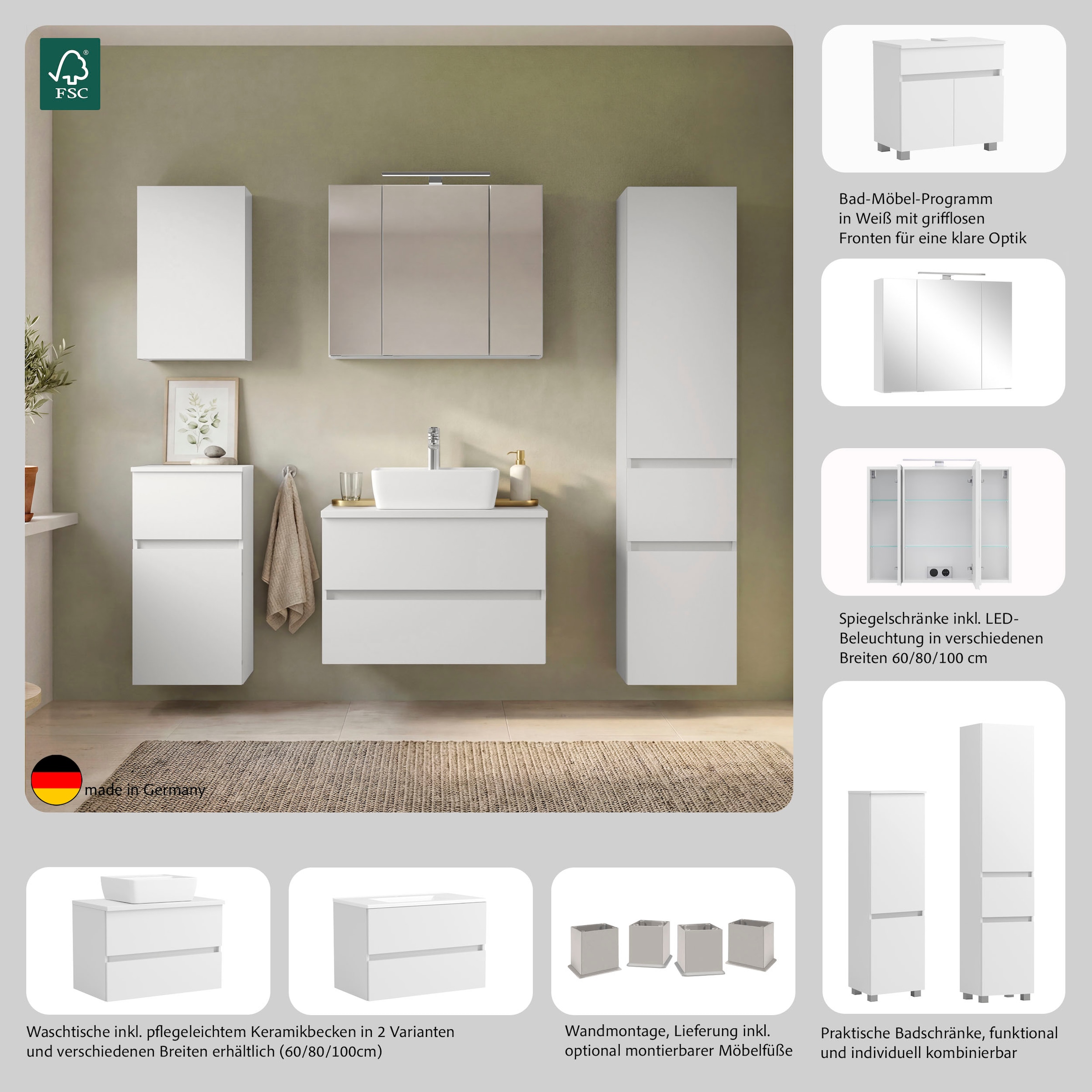 OTTO home Waschbeckenunterschrank »Bozen, Unterbeckenschrank 60 cm« griffloses Design, Maße (B/T/H): 60/35/54 cm
