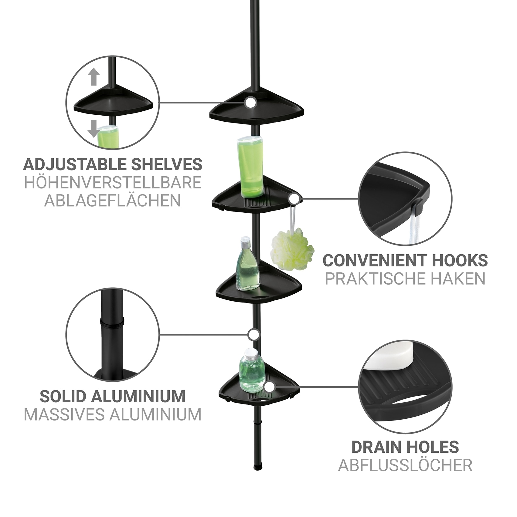 WENKO Duschregal »Compact« Eckregal mit 4 Ablagen und 8 Haken, Montage ohne Bohren, Aluminium