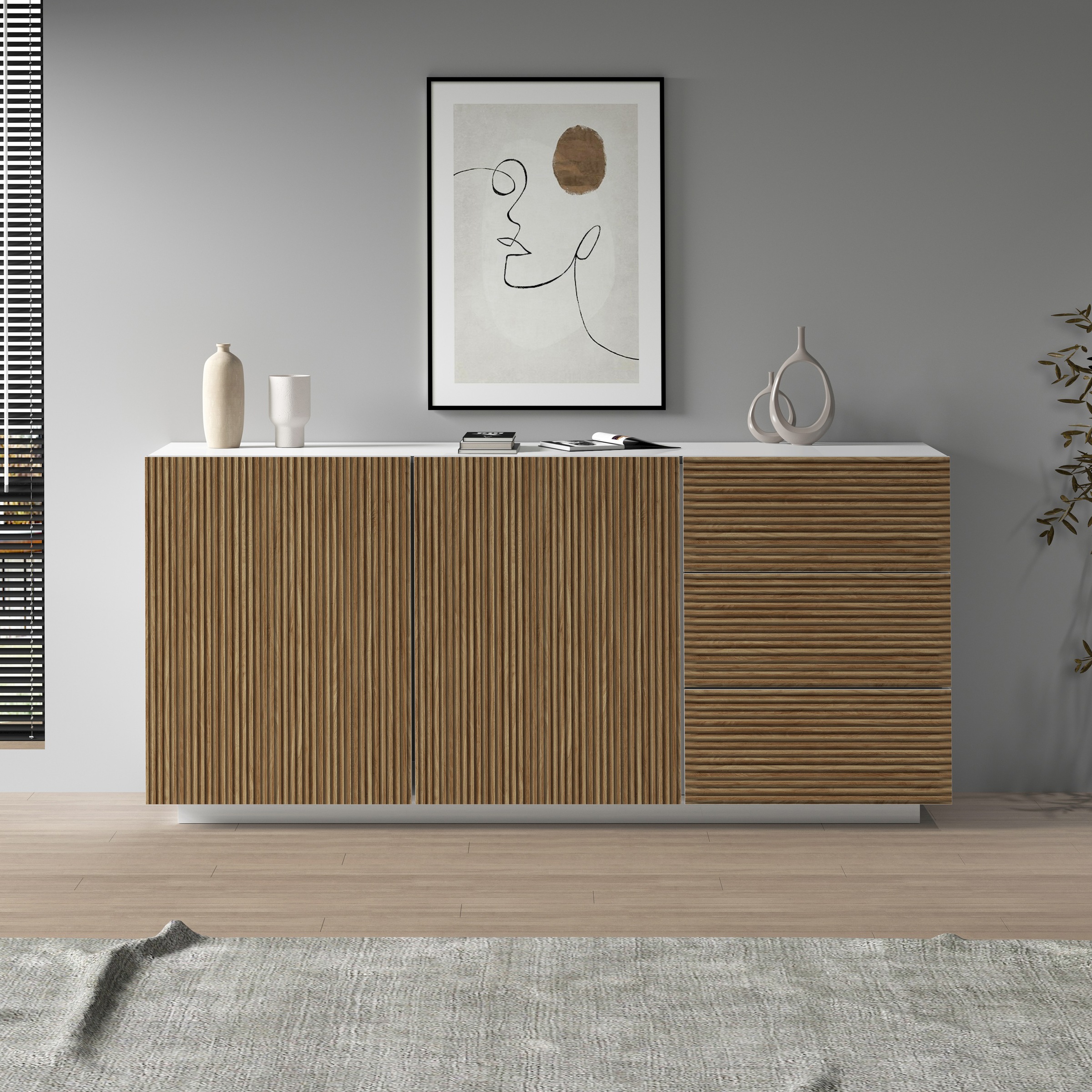 INOSIGN Sideboard »Vega Sideboard,Kommode,180 cm«, mit 2 Türen und 3 Schubladen,Fronten mit Rillen-Optik