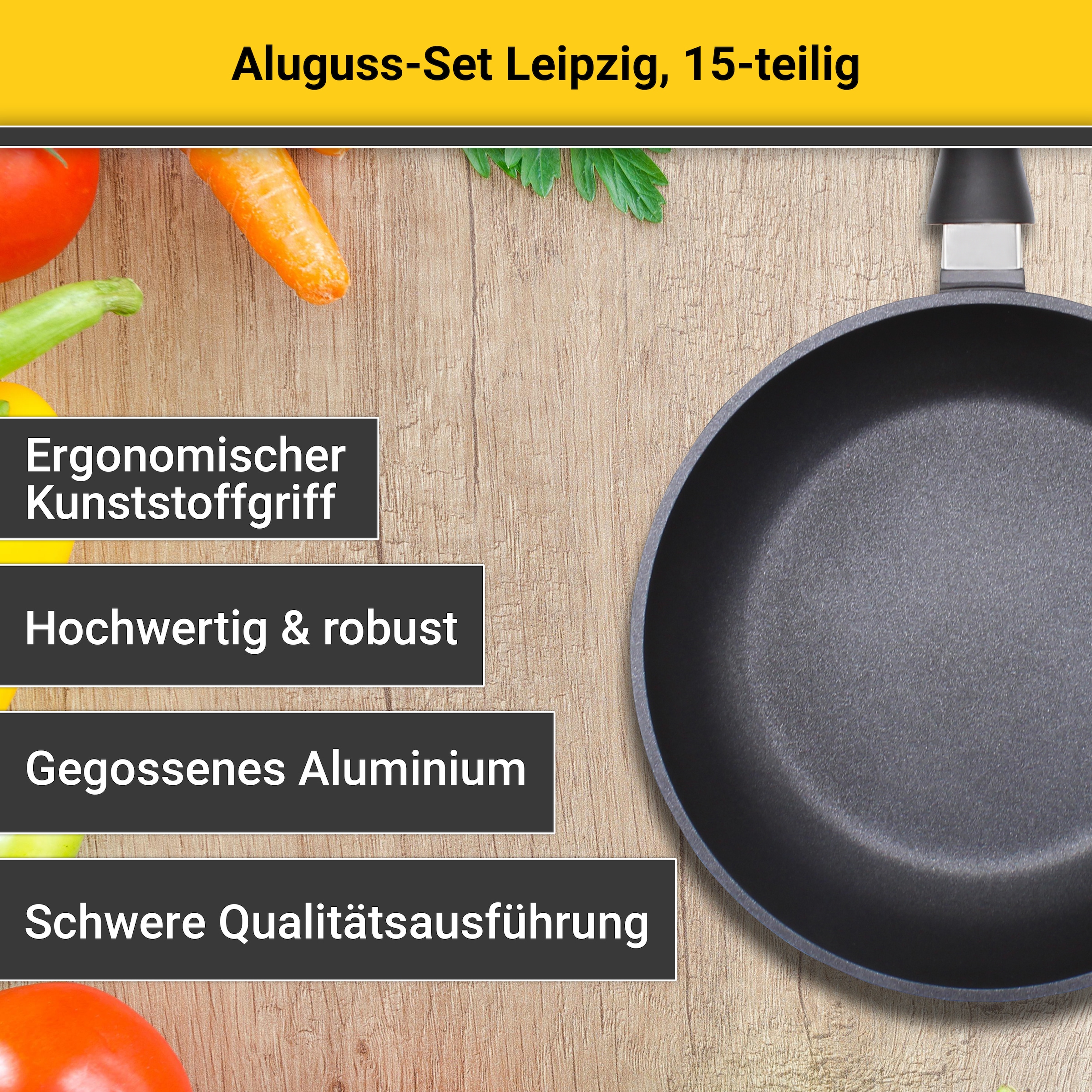 Krüger Topf-Set »Aluguss Topf-/ Pfannenset LEIPZIG inkl. Küchenhelfern, 15 tlg.«, Aluminiumguss, (Set, 15 tlg., Fleischtopf 16+20+24 cm, Pfanne flach 20+28 cm, 7 tlg. Küchenhelferset), inkl. 7-tlg. Küchenhelfer-Set