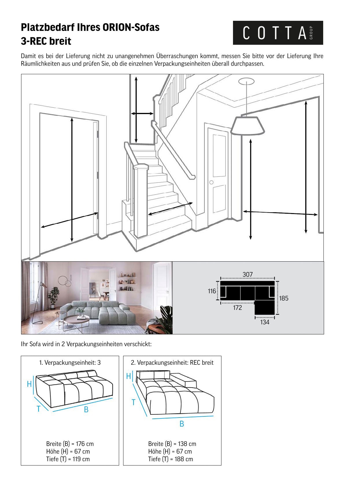 COTTA Ecksofa »Orion L-Form«, mit Kopfteilverstellung & 3 Nierenkissen