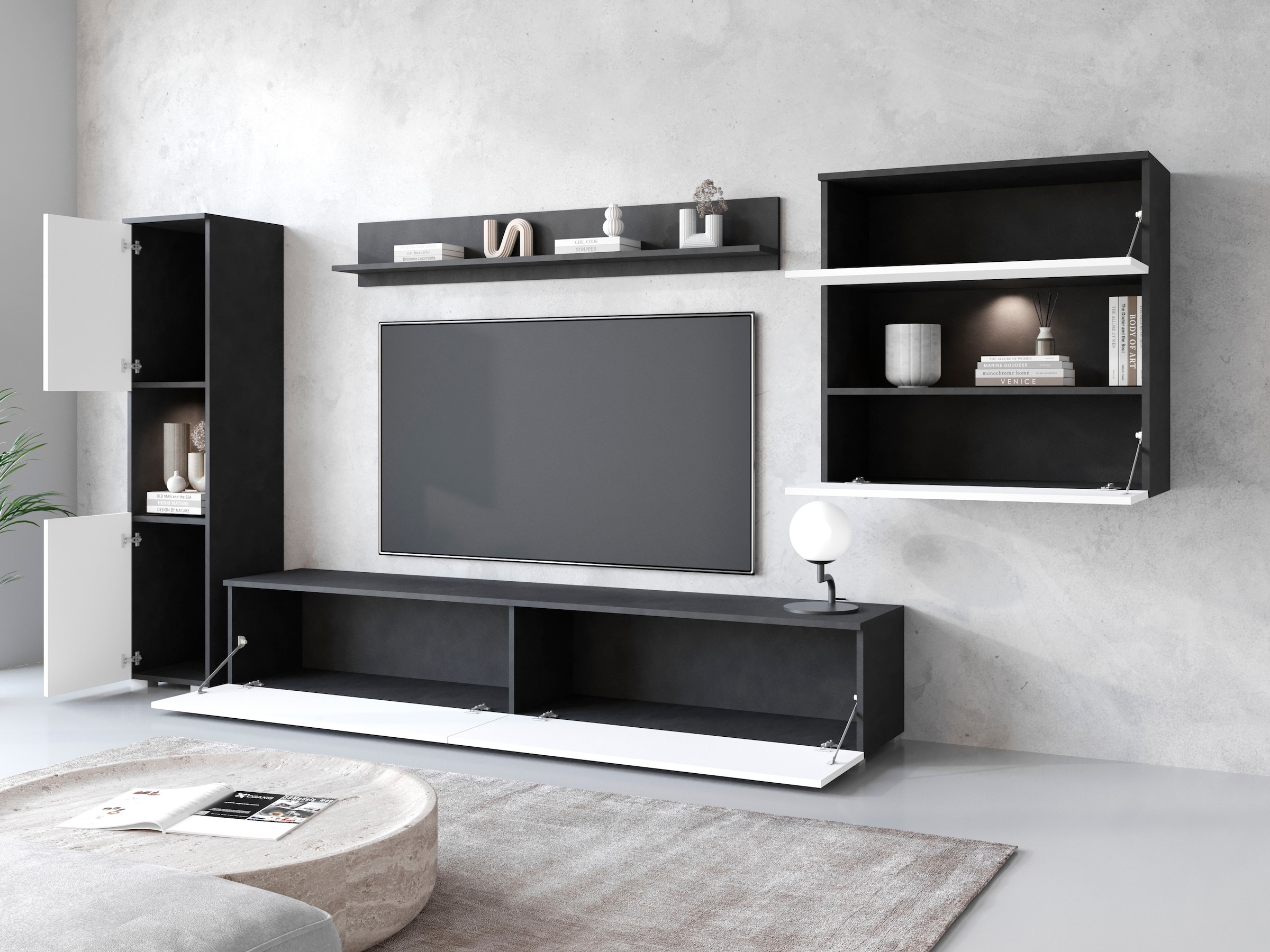 INOSIGN Wohnwand »PARIS«, (Komplett-Set, 4 St.), TV-Wand 300cm breite, grifflose Design, stehend und hängend montierbar