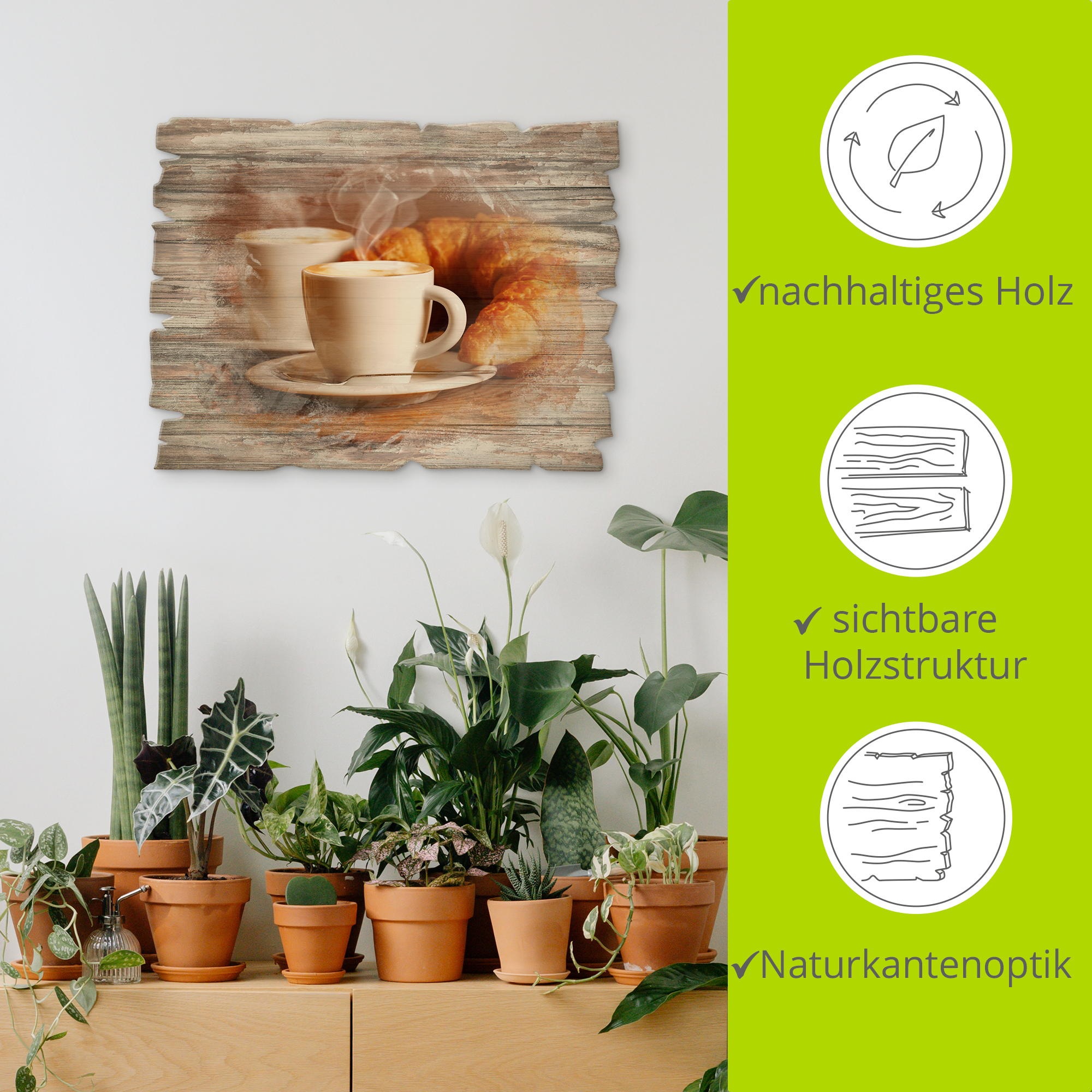 Artland Holzbild »Dampfender Cappuccino und Croissant«, Getränke, (1 St.)