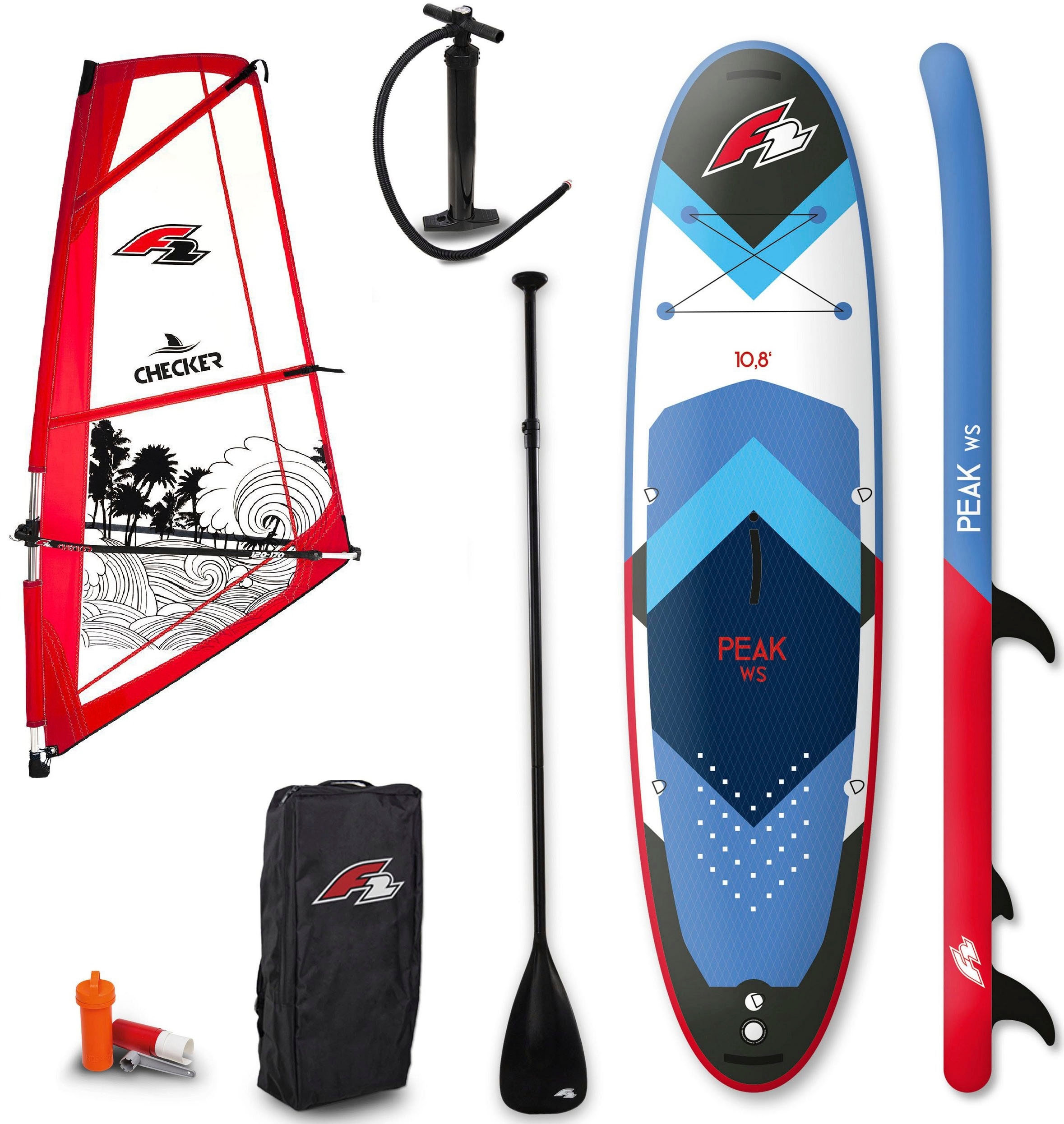 F2 Windsurfboard »Peak WS 10,8 Set mit Checker Rigg 4,5m²«, (Set, 16 tlg., mit Paddel, Pumpe, Transportrucksack und Segel)