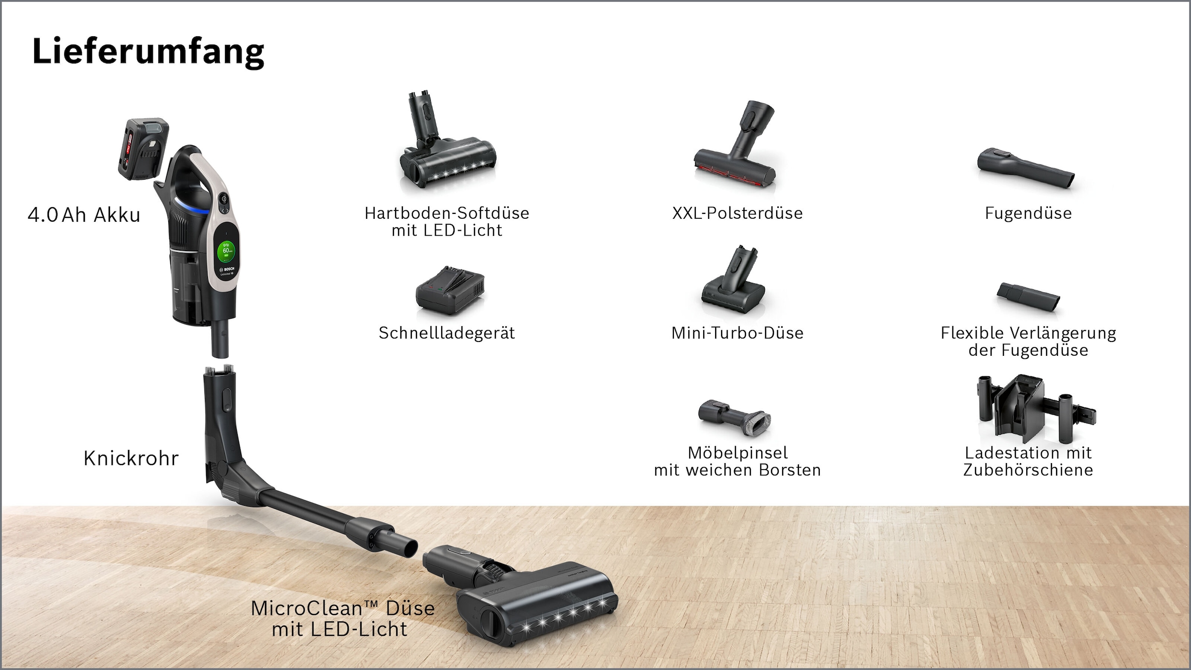 BOSCH Akku-Stielstaubsauger »Unlimited 10 BKS1051GQC, MicroClean™ Technology, Display, Knickrohr«, HEPA-Filtersystem, 10 Jahre Motorgarantie, Schnellladegerät, grau