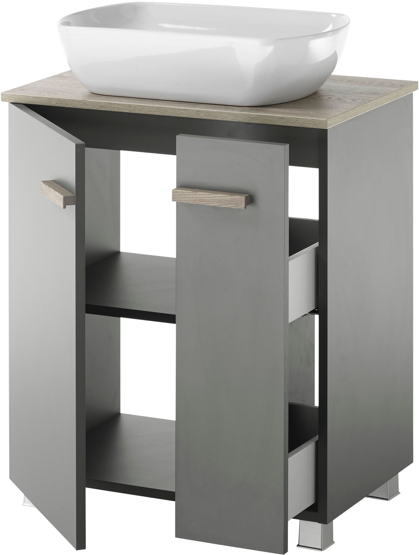Places of Style Badmöbel-Set »SOLiD, Badmöbel-Set, Bad im modernen Design, 2-teiliges Badezimmer«, (2 St.), Waschtisch mit Waschbecken, Spiegel mit LED, Breite 60 cm