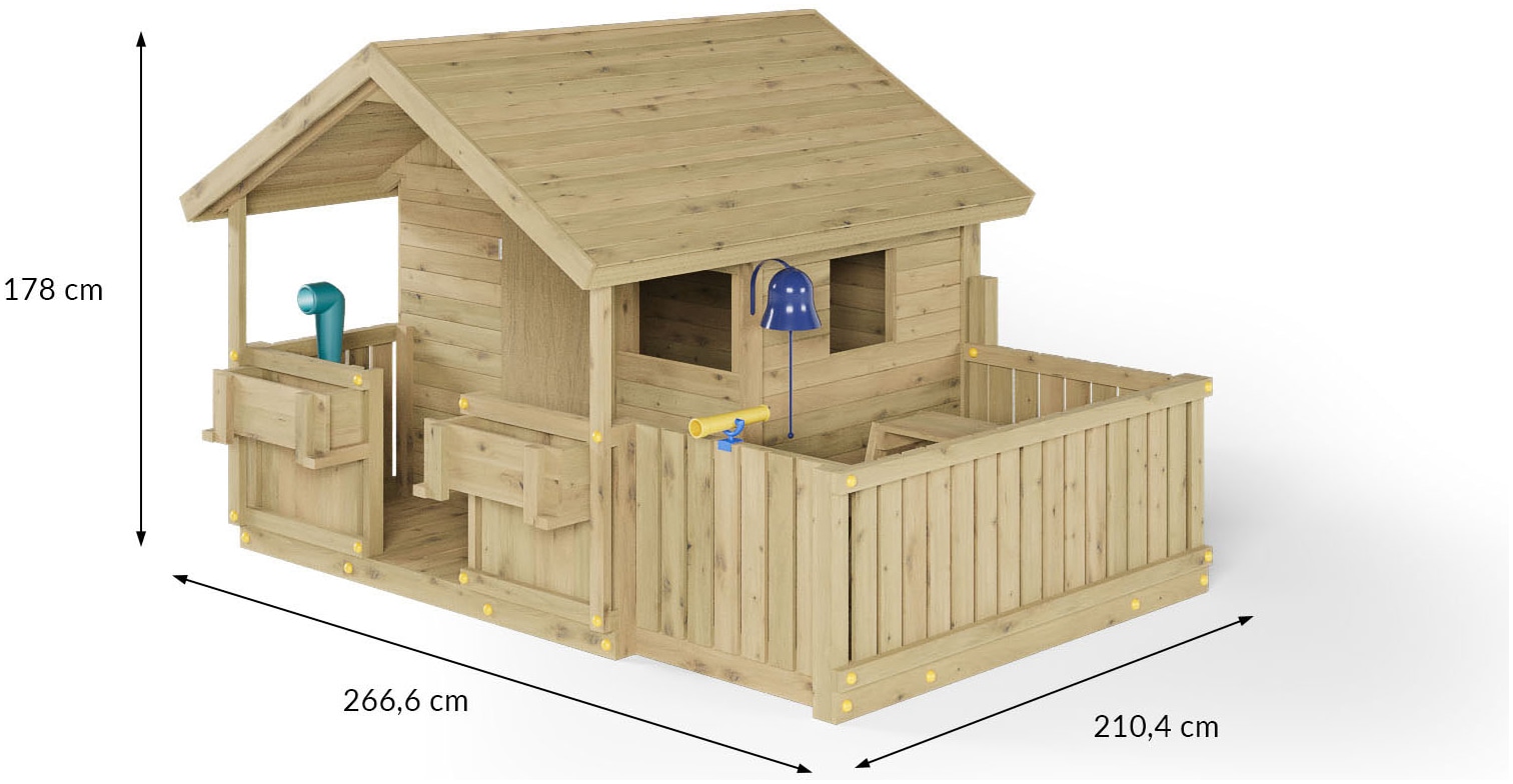 FUNGOO Spielhaus »SUNNY BANDCORNER« mit großer Terrasse und Picknicktisch, Tafel, Periskop