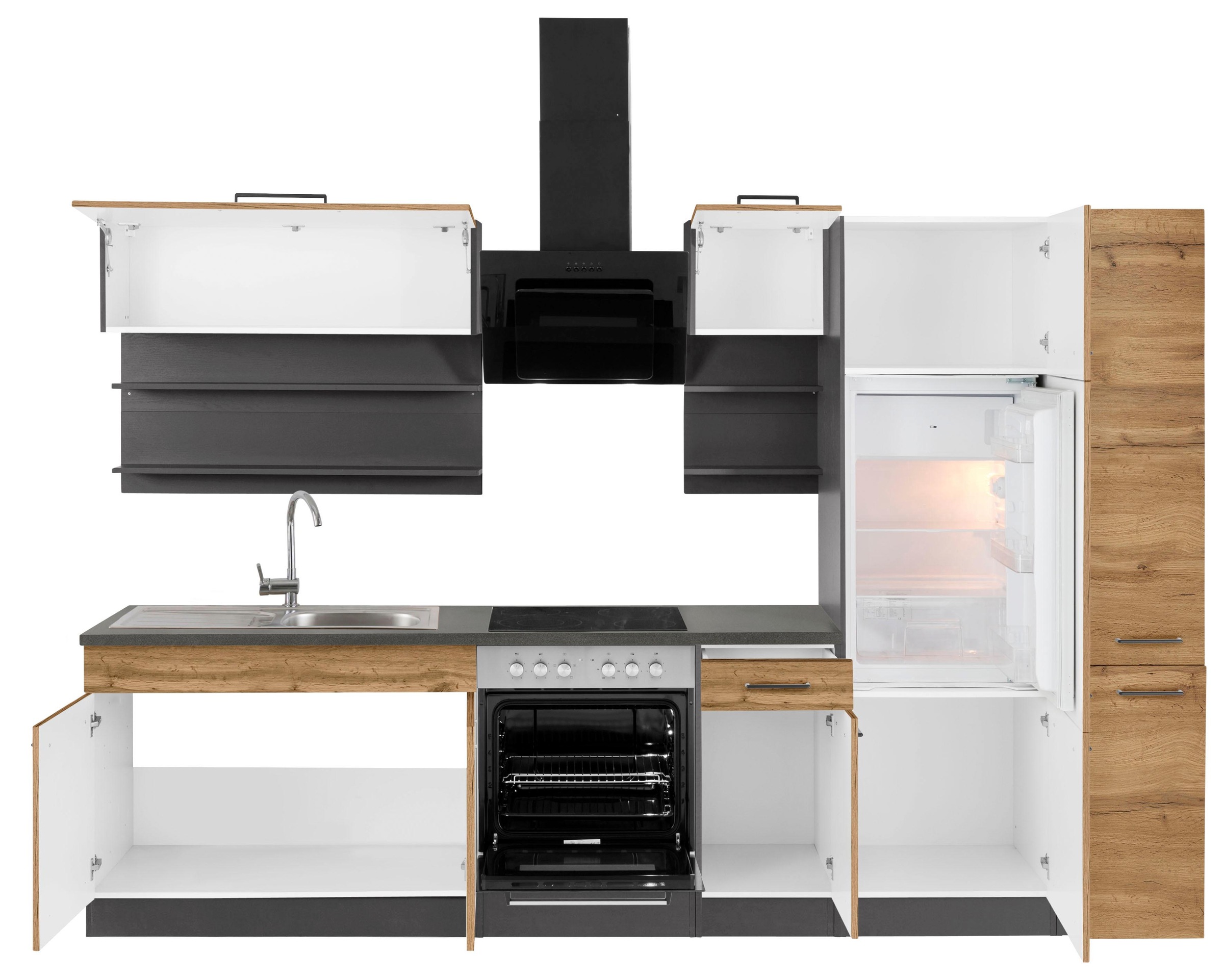 KOCHSTATION Küchenzeile »KS-Tulsa«, mit E-Geräten, Breite 300 cm, schwarze Metallgriffe, MDF Fronten