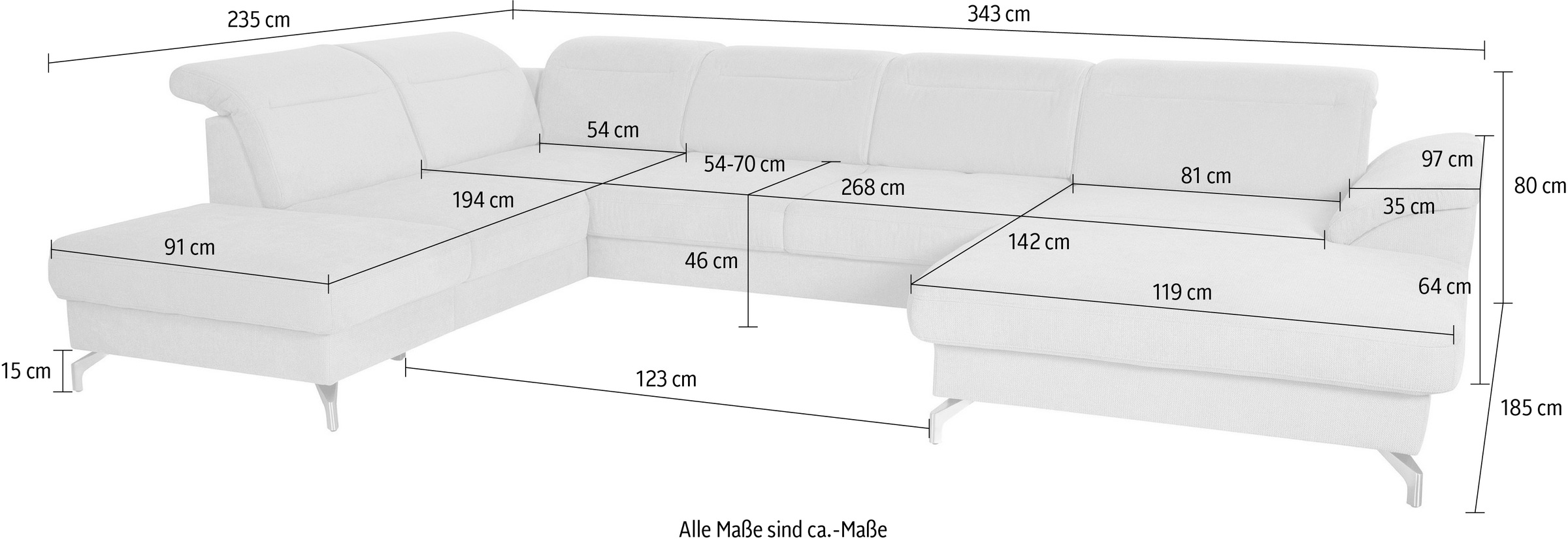 sit&more Wohnlandschaft »Percy U-Form«, 12 cm Fußhöhe, Sitztiefenverstellung, wahlweise in 2 Fußfarben