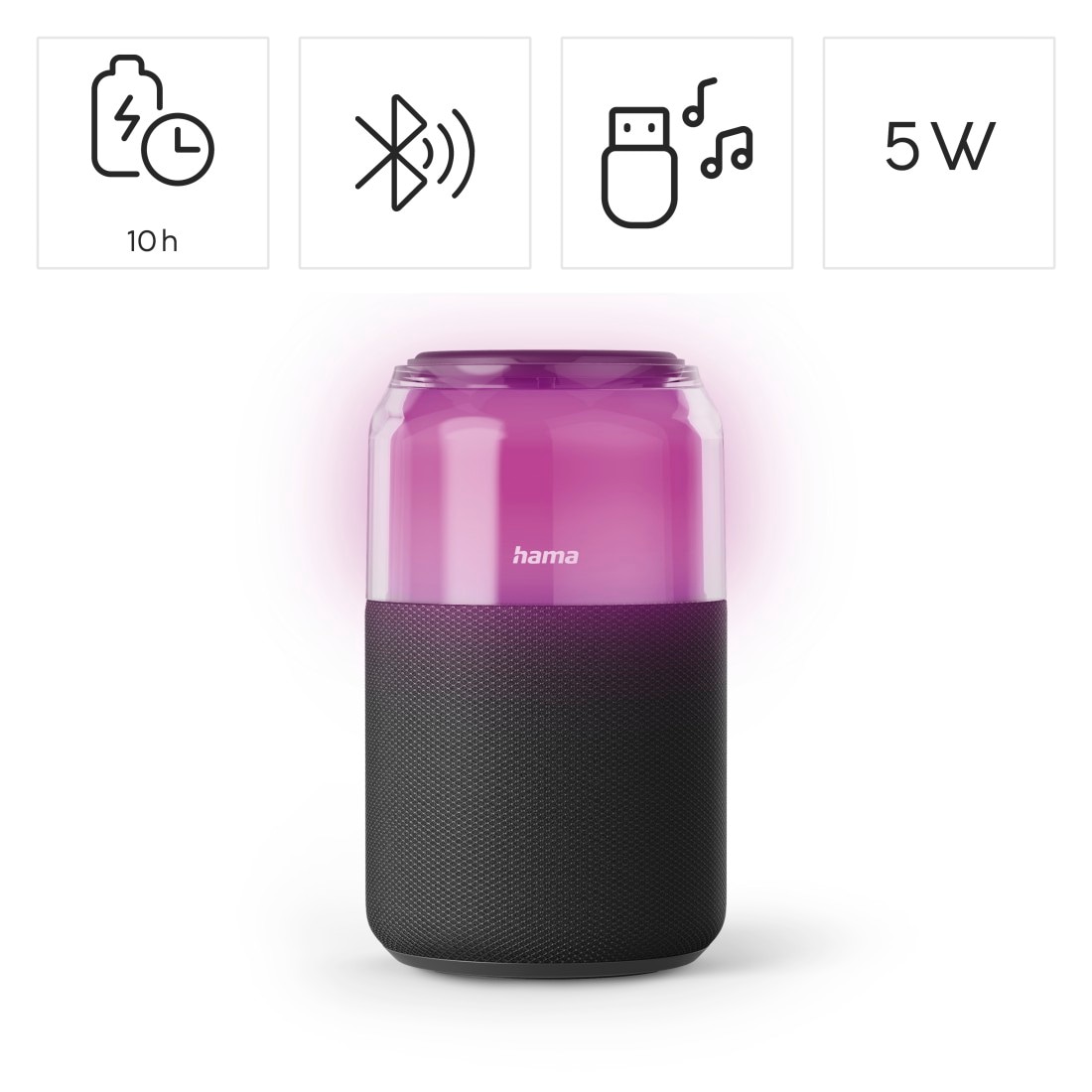 Hama Bluetooth-Lautsprecher »Bluetooth-Lautsprecher mit LED-Licht und True Wireless« ( ) LED-Lichtmodi, True Wireless Stereo, USB-A, Akku, Hängeschlaufe
