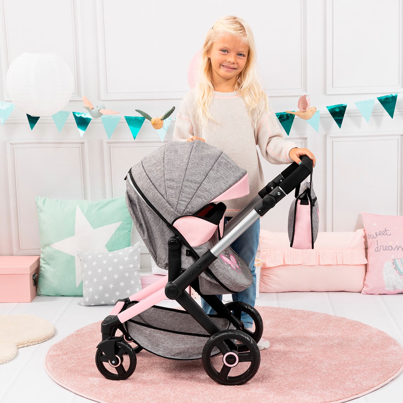 Bayer Kombi-Puppenwagen »Xeo, grau/rosa Schmetterling«