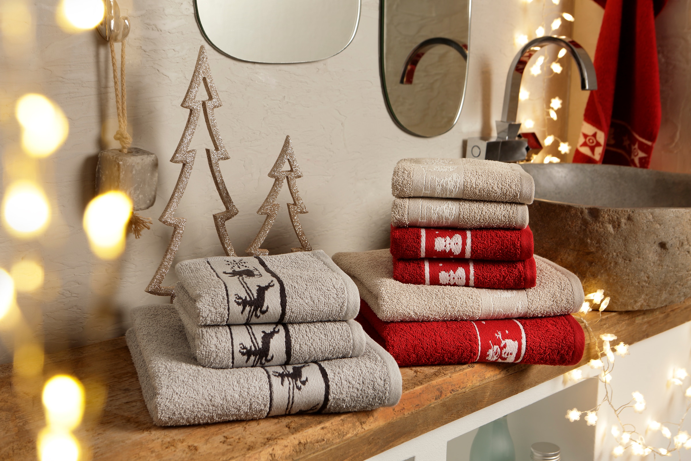 my home Handtuch Set »Weihnachten, Handtuch und Gästetücher«, Set, 3 tlg., Walkfrottee, mit Sternen & Bordüre, weihnachtliches Handtuchset, 100% Baumwolle