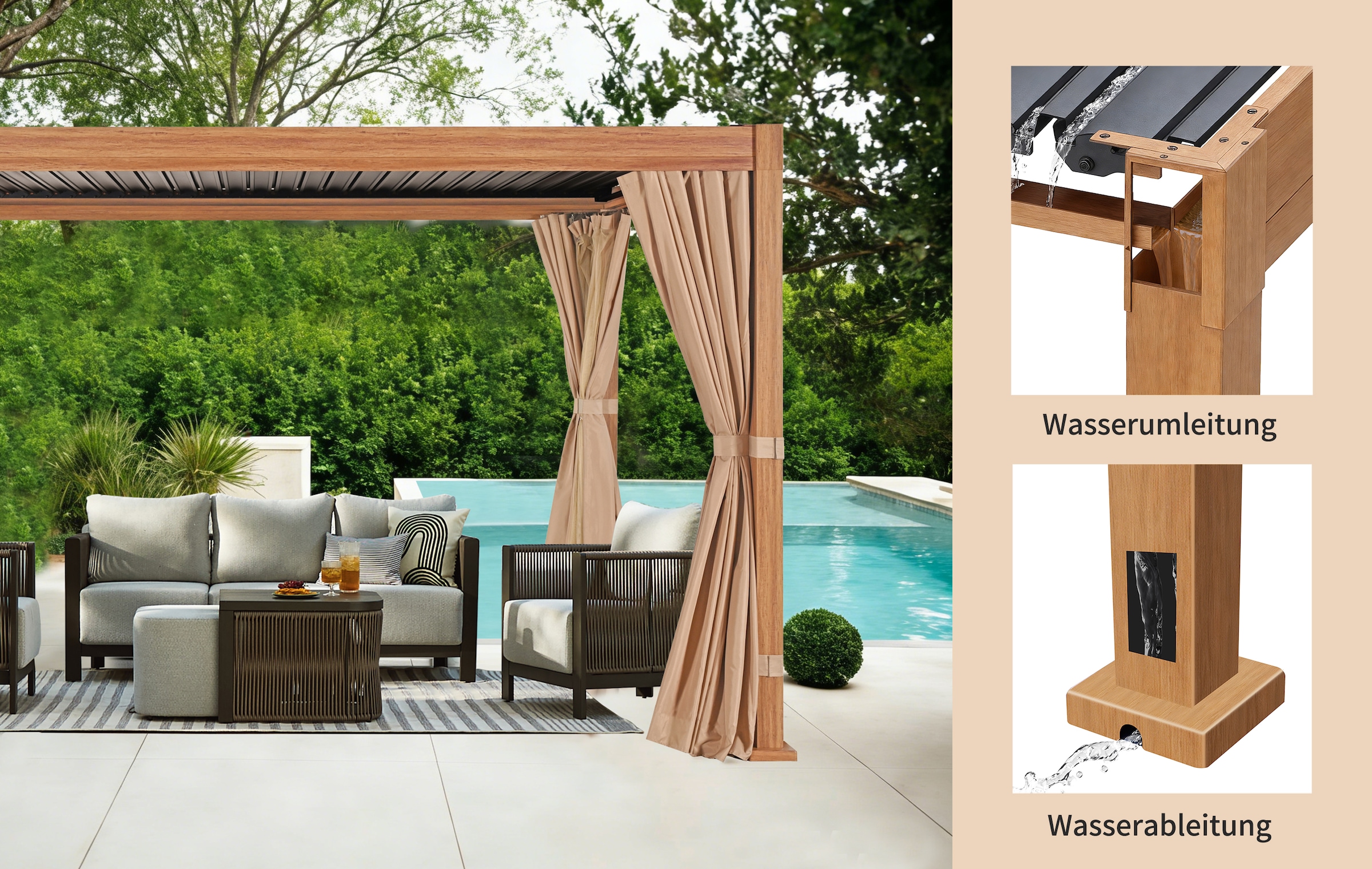 KONIFERA Pavillon »Pergola Alhambra, Terrassendach mit Aluminiumpfosten« 3x3 oder 3x4 m, holzfarben, 4 Seitenteile, verstellbare Dachlamellen