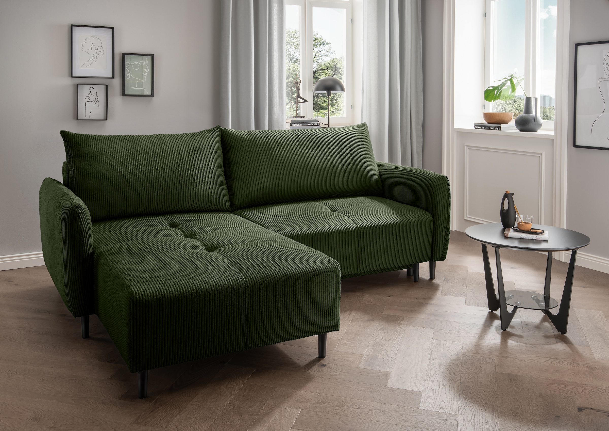 INOSIGN Ecksofa »Mara, L-Form, aktueller Cord Bezug und tolle Farben, schmale Armlehnen«, whlw. mit Bettfunktion,Recamiere links/rechts montierbar, Breite 238cm