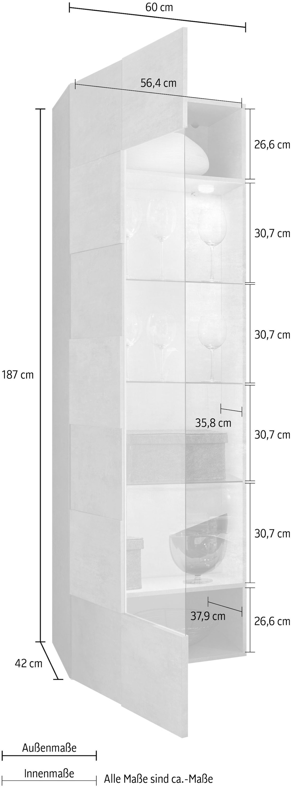 INOSIGN Vitrine »Dama Höhe 187 cm, Breite 60 cm, Stauraumvitrine mit 1 Tür,«, Standvitrine - Front in 3D-Optik, viel Stauraum, verschiedene Farben