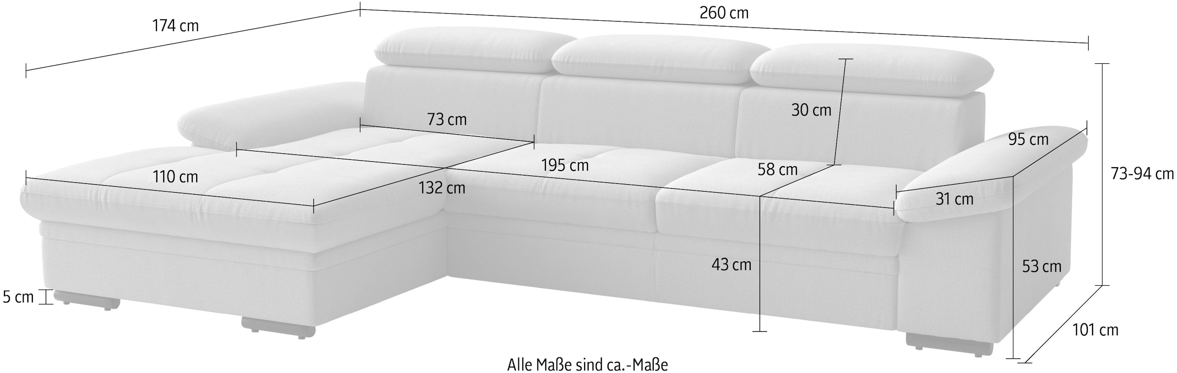 sit&more Ecksofa »Viola, L-Form, B: 260 cm« optional Bettfunktion,inkl Armteil- & Kopfteilverstellung