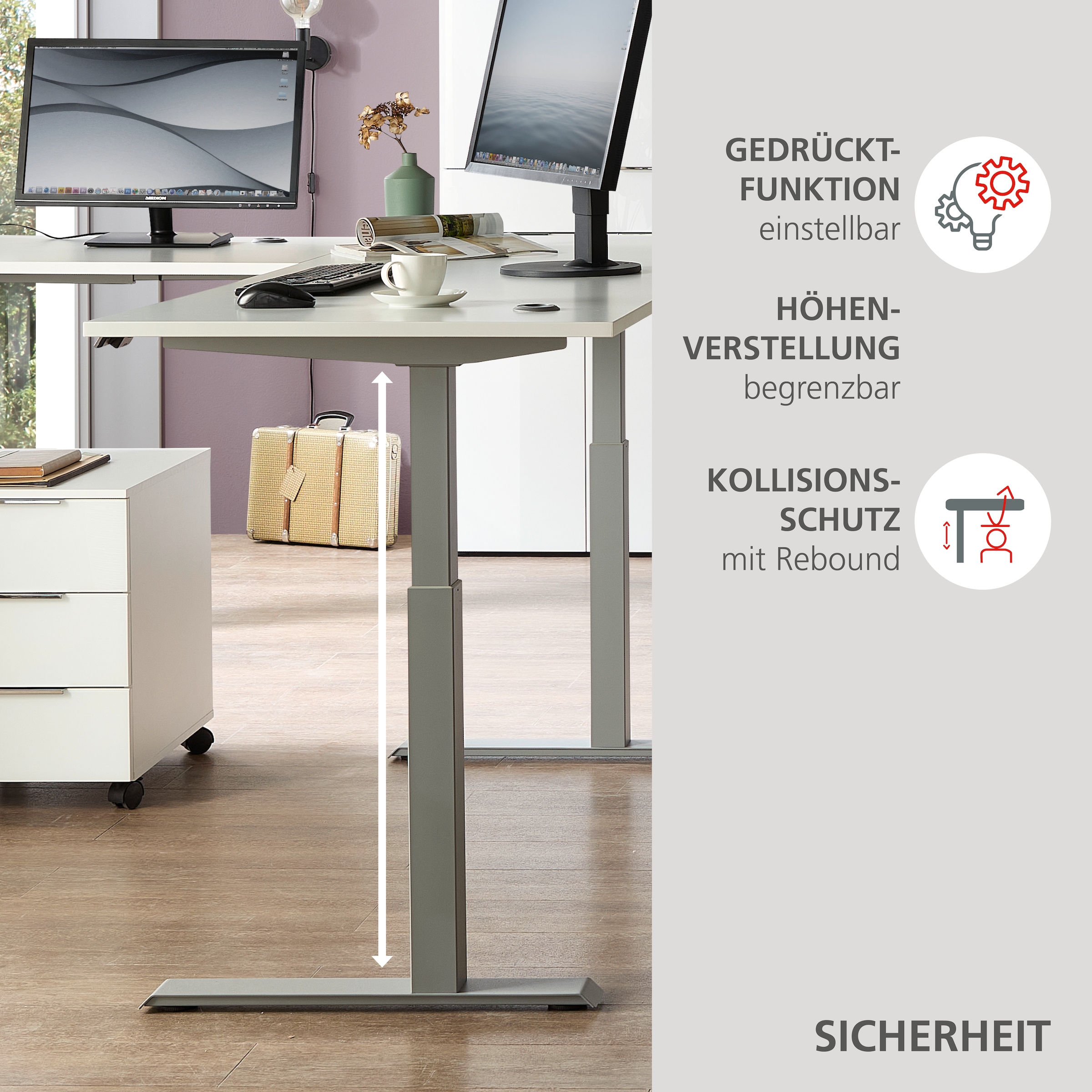 Innostyle Schreibtisch »Schreibtisch Santorin, 185/72/173 cm ( B/H/T)« 1 Stk. tlg. mit motor. Höhenverst. (72-120 cm) mit Memory-Funkt., li/re montierbar