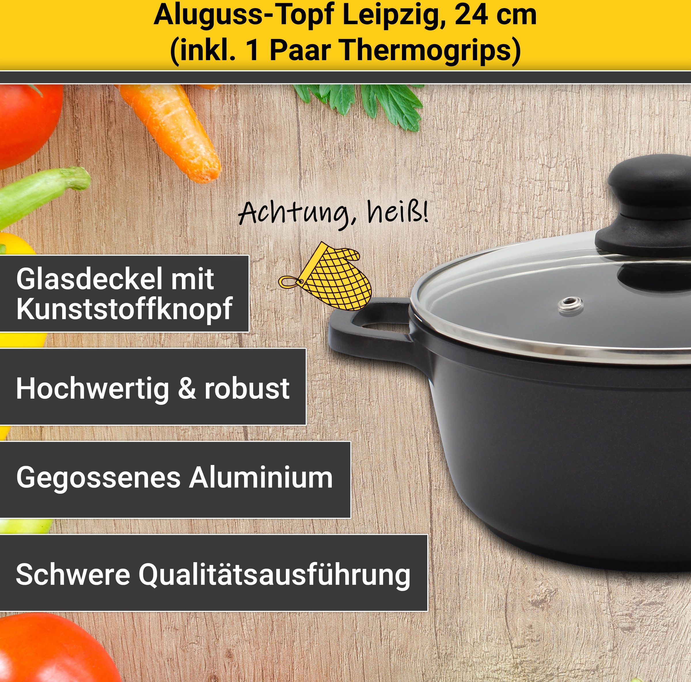 Krüger Fleischtopf »Aluguss Fleischtopf mit Glasdeckel inkl. Thermogrips LEIPZIG«, Aluminiumguss, (1 tlg.), hochwertige Antihaft-Versiegelung