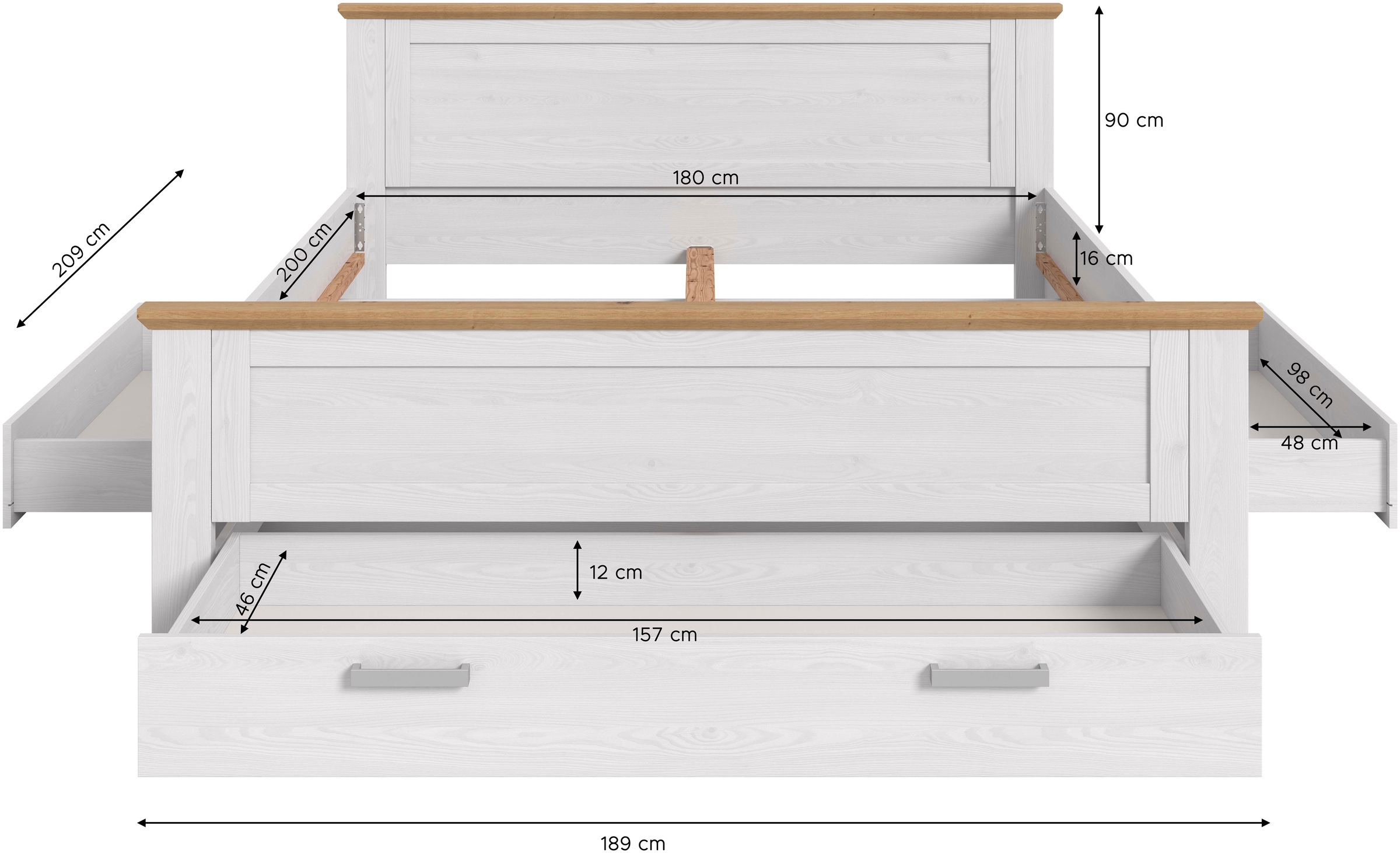 Home affaire Stauraumbett »COSENZA, Breite 189cm, im Landhausstil, 3 Schubkästen« für Matratzen 180x200 cm, viel Stauraum, ohne Matratzen und Lattenrost,  Bett, Kastenbett, Bettgestell, Schlafzimmer, Schlafen