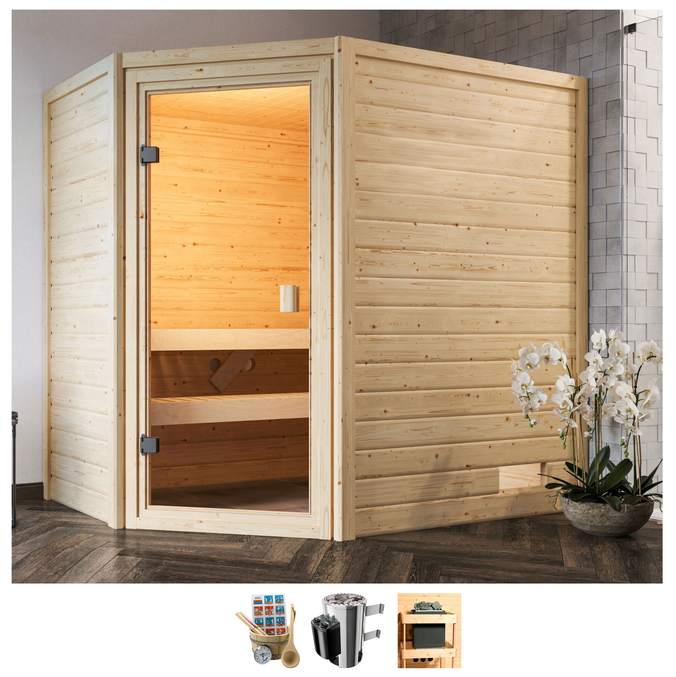 welltime Sauna »Juli«, 3,6-kW-Plug & Play Ofen mit int. Steuerung