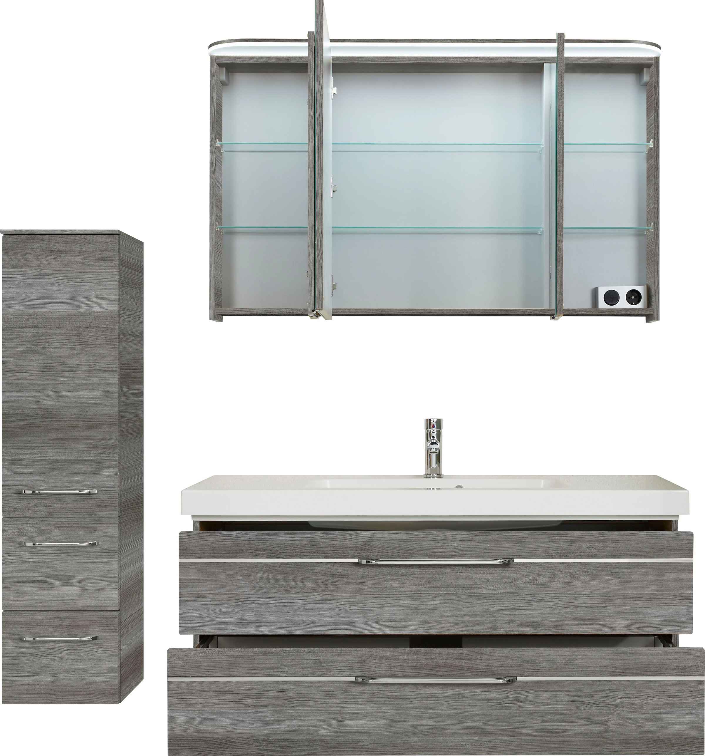 Saphir Badmöbel-Set »Balto Sprint 3-teilig, Mineralmarmor-Waschtisch mit LED-Spiegelschrank«, (4 St.), Badezimmer Set mit Midischrank inkl Türdämpfer, 4 Türen, 4 Schubladen