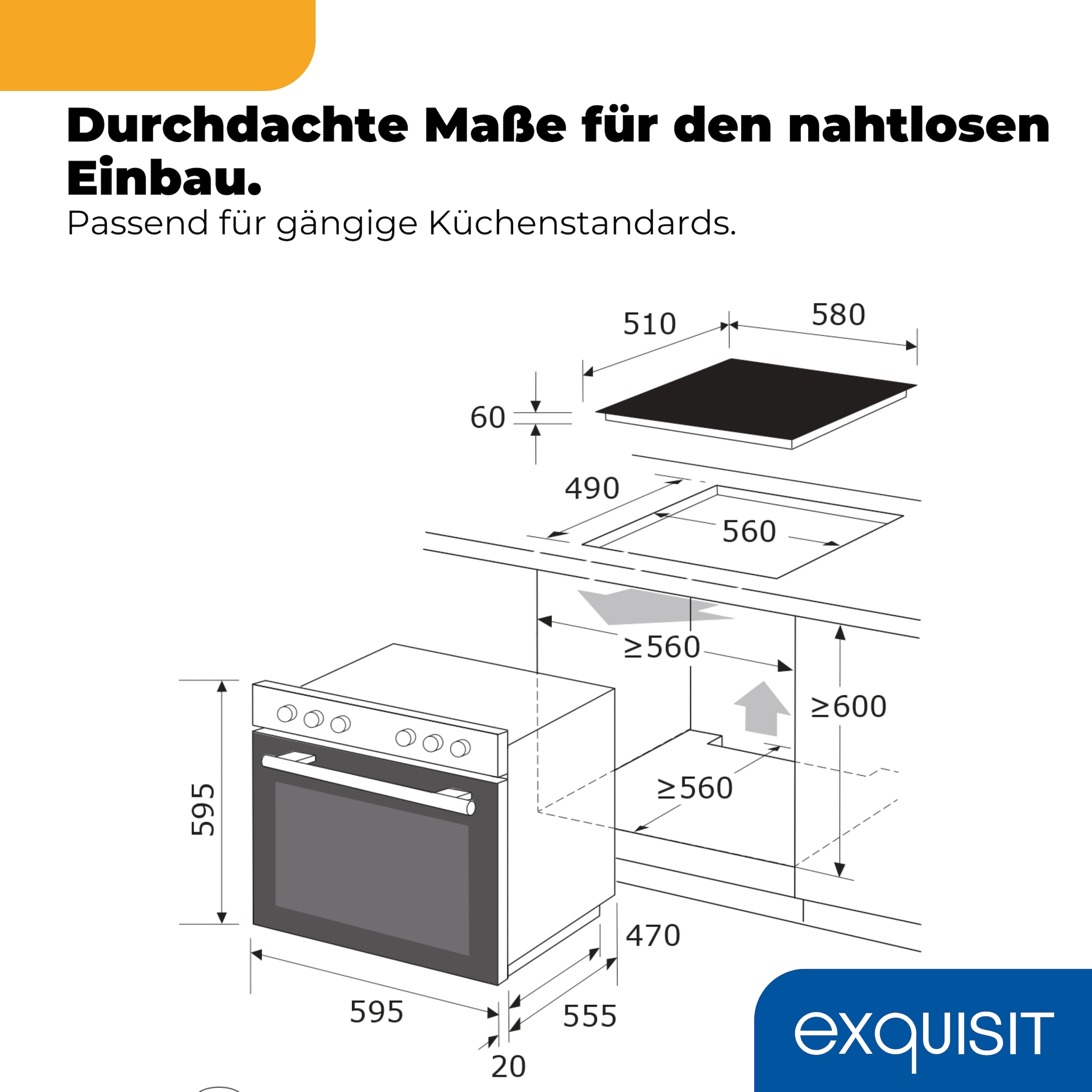 exquisit Backofen-Set »EHE367-HBZ-120 mattschwarz« Backofen | Glaskeramikkochfeld, 2 Stk. tlg. Vielseitiger Grill und 4-Zonen-Glaskeramikkochfeld – einfach & sicher!