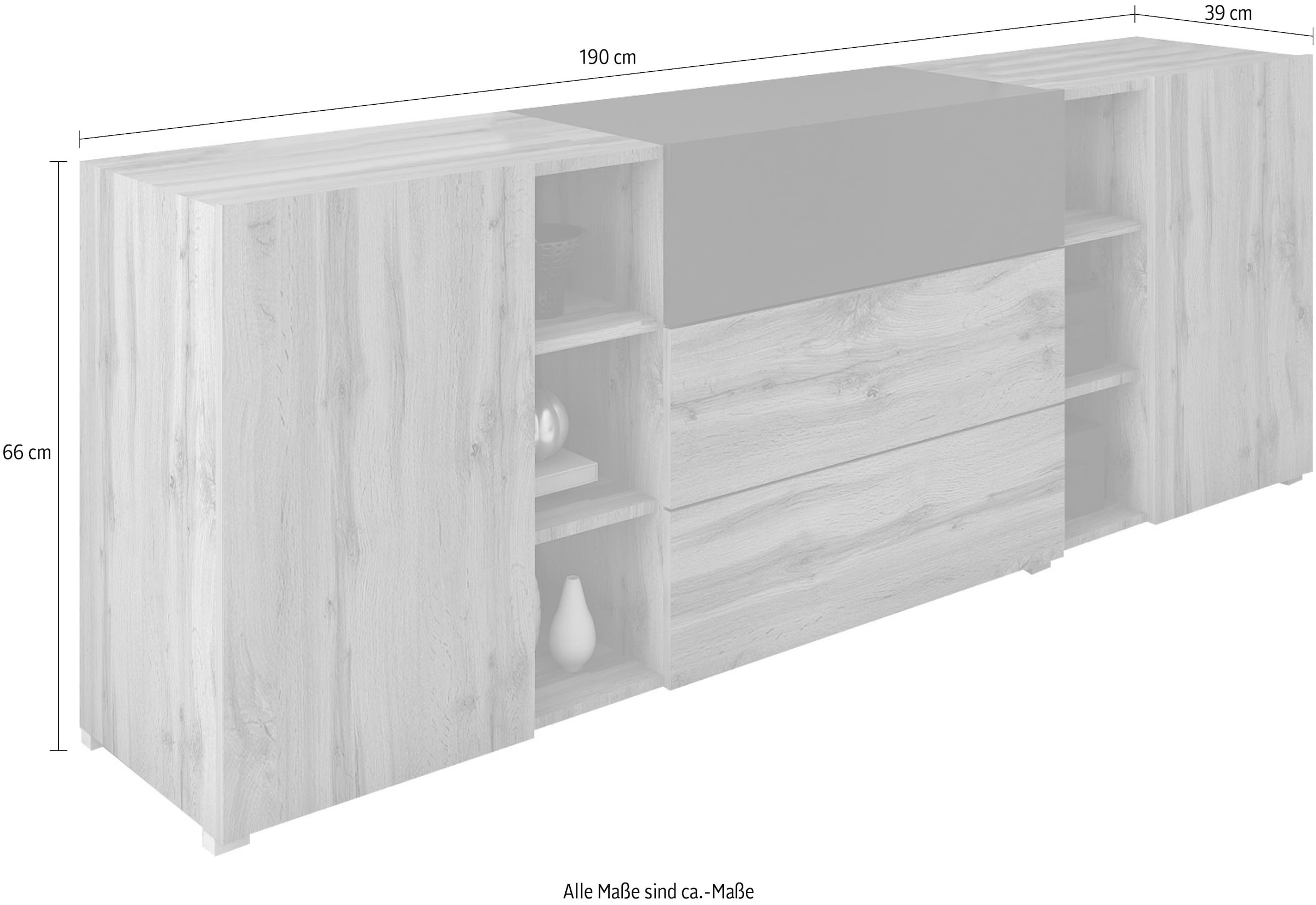INOSIGN Sideboard »BERLIN«, Moderne grifflose Kommode Breite 190 cm, offene Fächern/ Schubladen