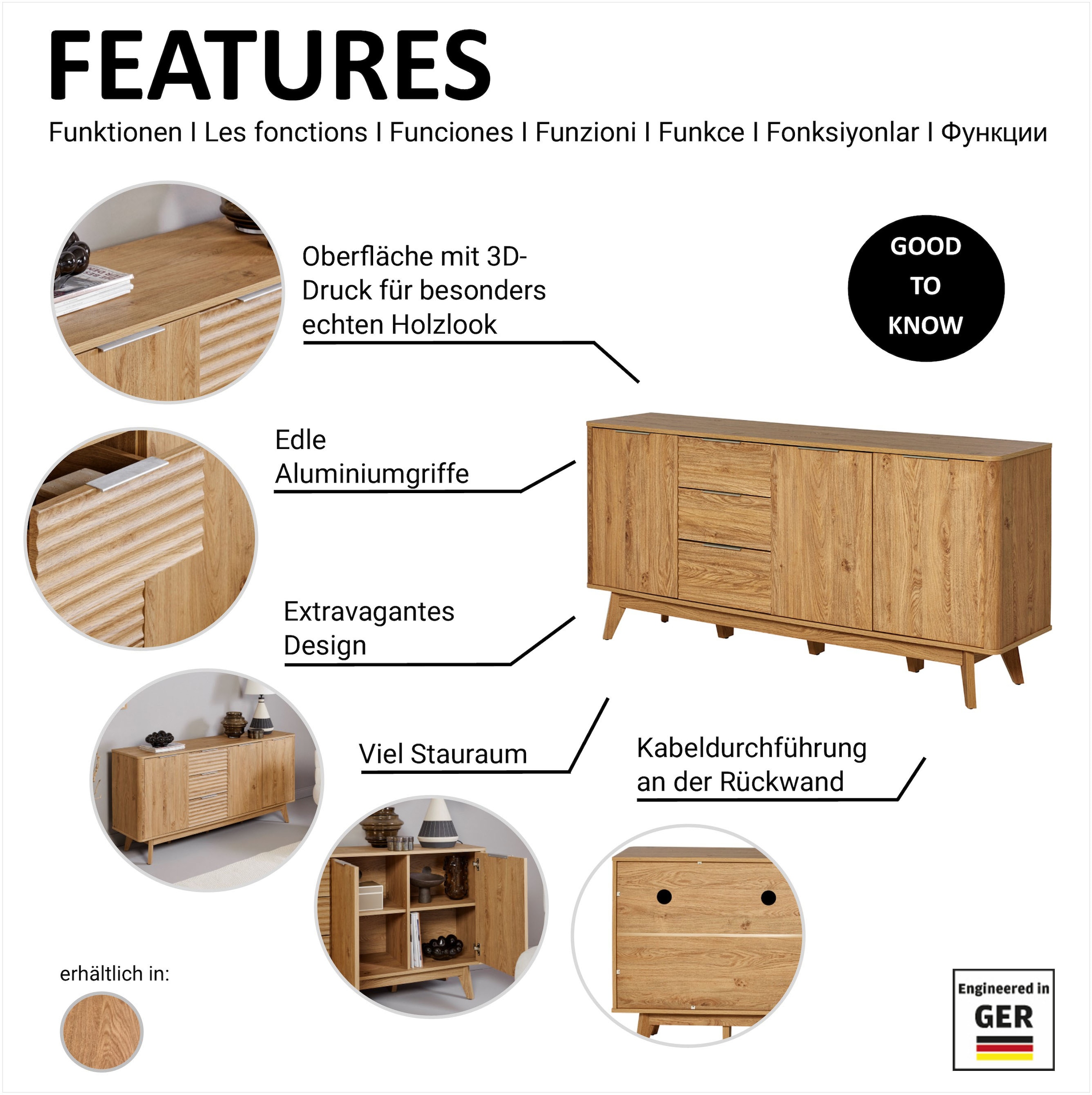 Jahnke Sideboard »WAVE SB 170« 1 Stk. tlg. Sideboard, 3 Schubladen + 3 Türen, Wellendesign, Breite 169,5 cm