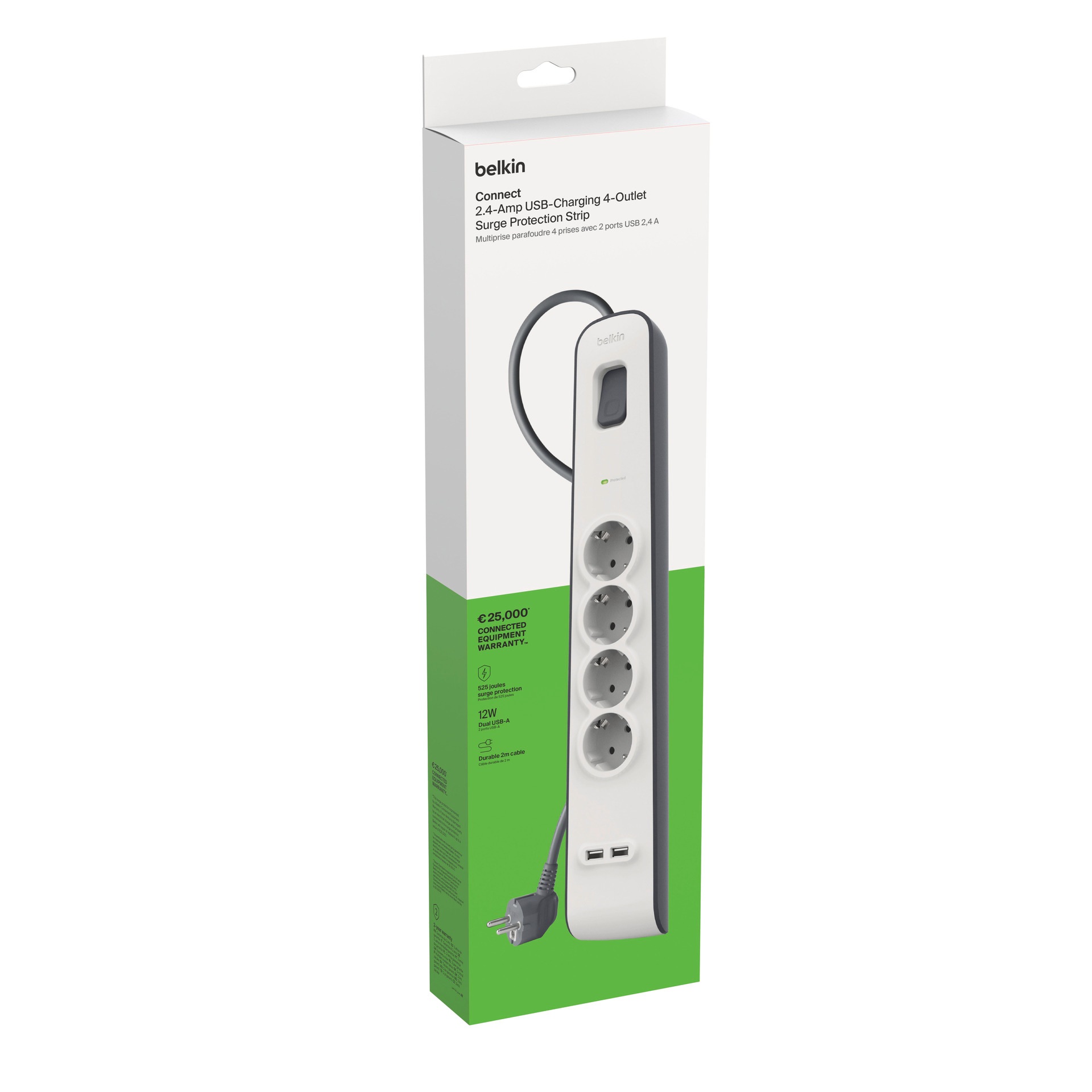 Belkin Steckdosenleiste »4fach-Steckdosenleiste mit Überspannungsschutz, 2-m-Kabel und USB-A«, 4-fach, (Ein- / Ausschalter Überspannungsschutz Kabellänge 2 m), 2 USB-Anschlüsse mit maximal 2,4 A