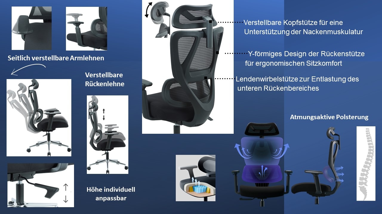 Places of Style Bürostuhl »Andora, moderner ergonomischer Schreibtischstuhl«, Netzstoff, verstellbare Armlehne & Kopfstütze, Lendenwirbelstütze