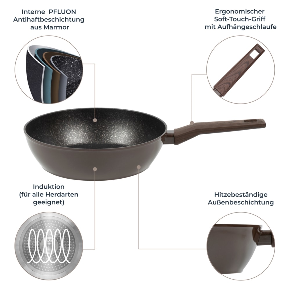 RESTO Kitchenware Bratpfanne »Carina, tiefe Schmorpfanne mit holzähnlichem Soft-Touch-Griff«, Aluminium, (1 tlg.), mit Marmor-Antihaftbeschichtung, 4-lagig, für alle Herdarten geeignet