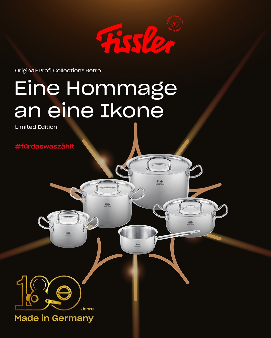 Fissler Topf-Set »Original-Profi Collection® Retro«, Edelstahl 18/10, (Set, 9 tlg., 3 Kochtöpfe,1 Bratentopf, 1 Stielkasserolle, 4 Metalldeckel), Limited Edition, Made in Germany