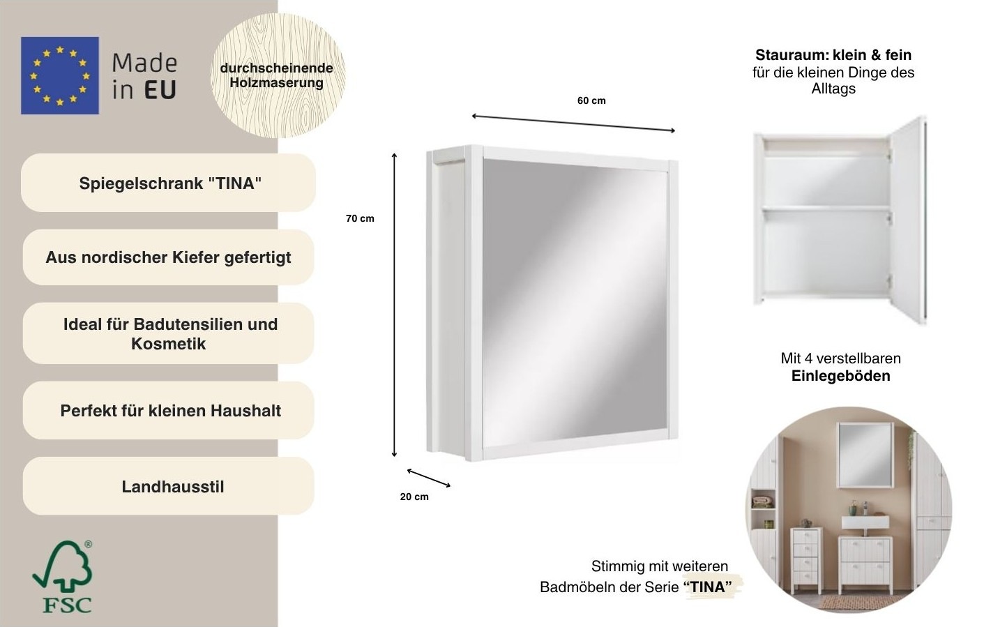Home affaire Spiegelschrank »Tina« Badmöbel,  Spiegel, Breite 60 cm, Massivholz