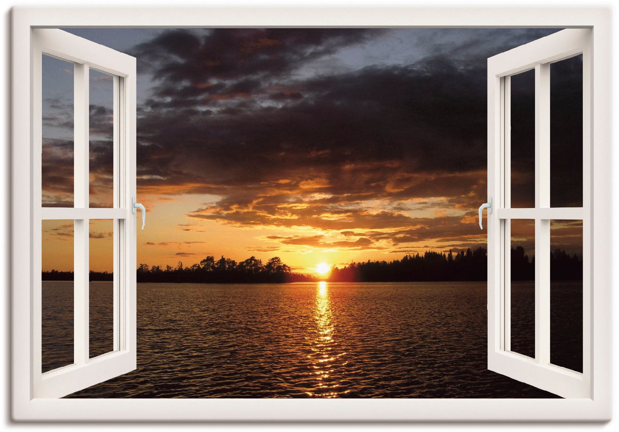 Artland Leinwandbild "Sonnenuntergang am See, weißes Fenster", Seebilder, ( günstig online kaufen