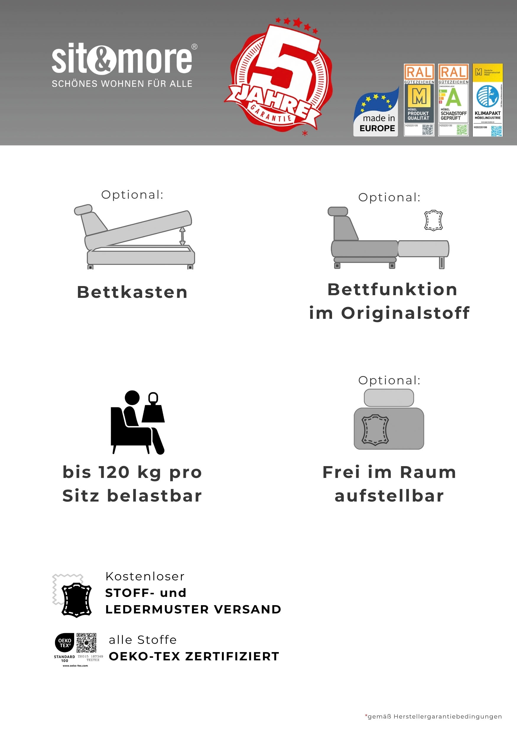 sit&more Ecksofa »Vanity L-Form, B: 254 cm, mit Sitz-, Kopf- und Armteilverstellung« Couch optional mit Schlaffunktion & Bettkasten, Leder