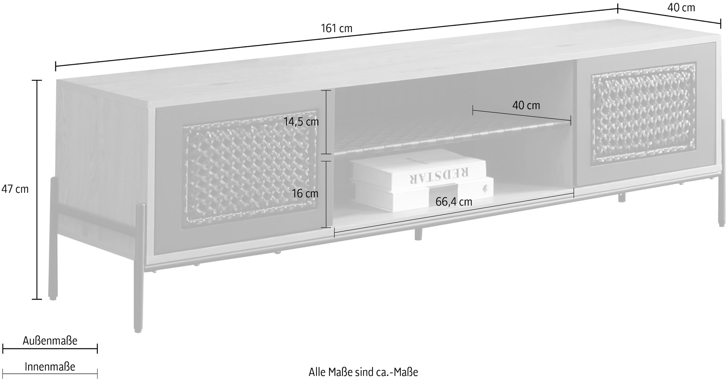 SalesFever Lowboard, Kommode mit mattschwarzem Einsatz aus Polyrattan, Fernsehtisch