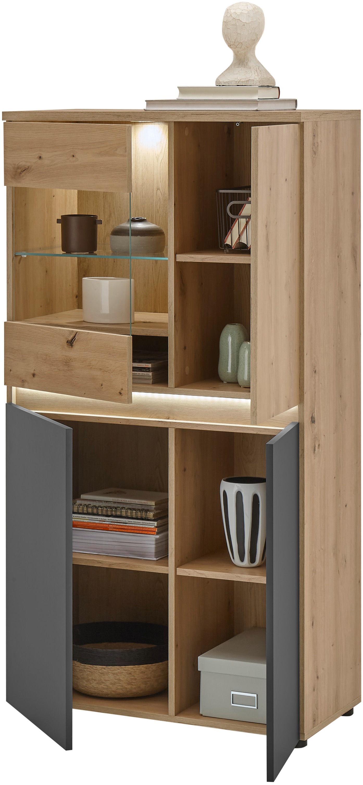 HBZ Highboard »Lille mit LED-Beleuchtung, Wohnzimmerschrank BxHxT 75x140x38 cm«, (1 St.), Mit 3 Türen, 4 Einlegeböden und 1 Glasboden, BxHxT 75x140x38 cm
