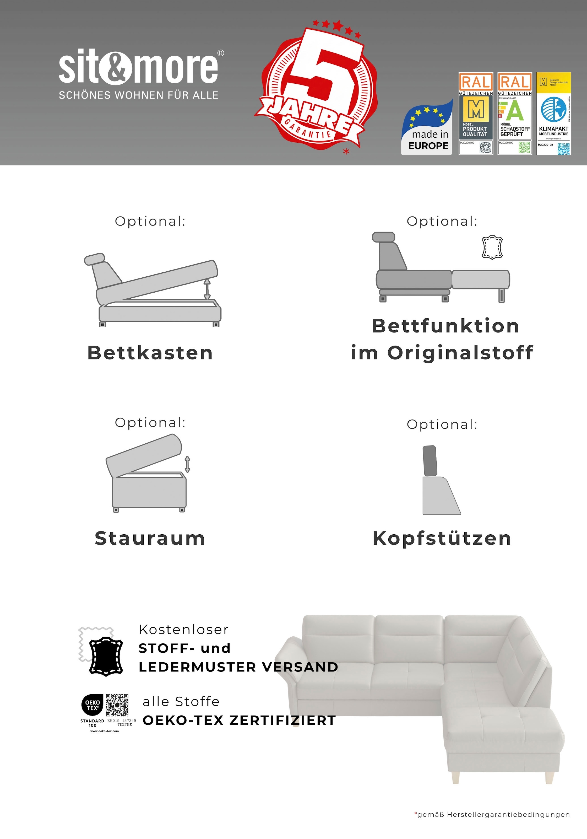 sit&more Ecksofa »Pamela L-Form, B: 218 cm, optional Schlaffunktion & Bettkasten, Leder« wahlweise mit Armteilverstellung, Sofa mit Federkern, Sitzhöhe: 48 cm