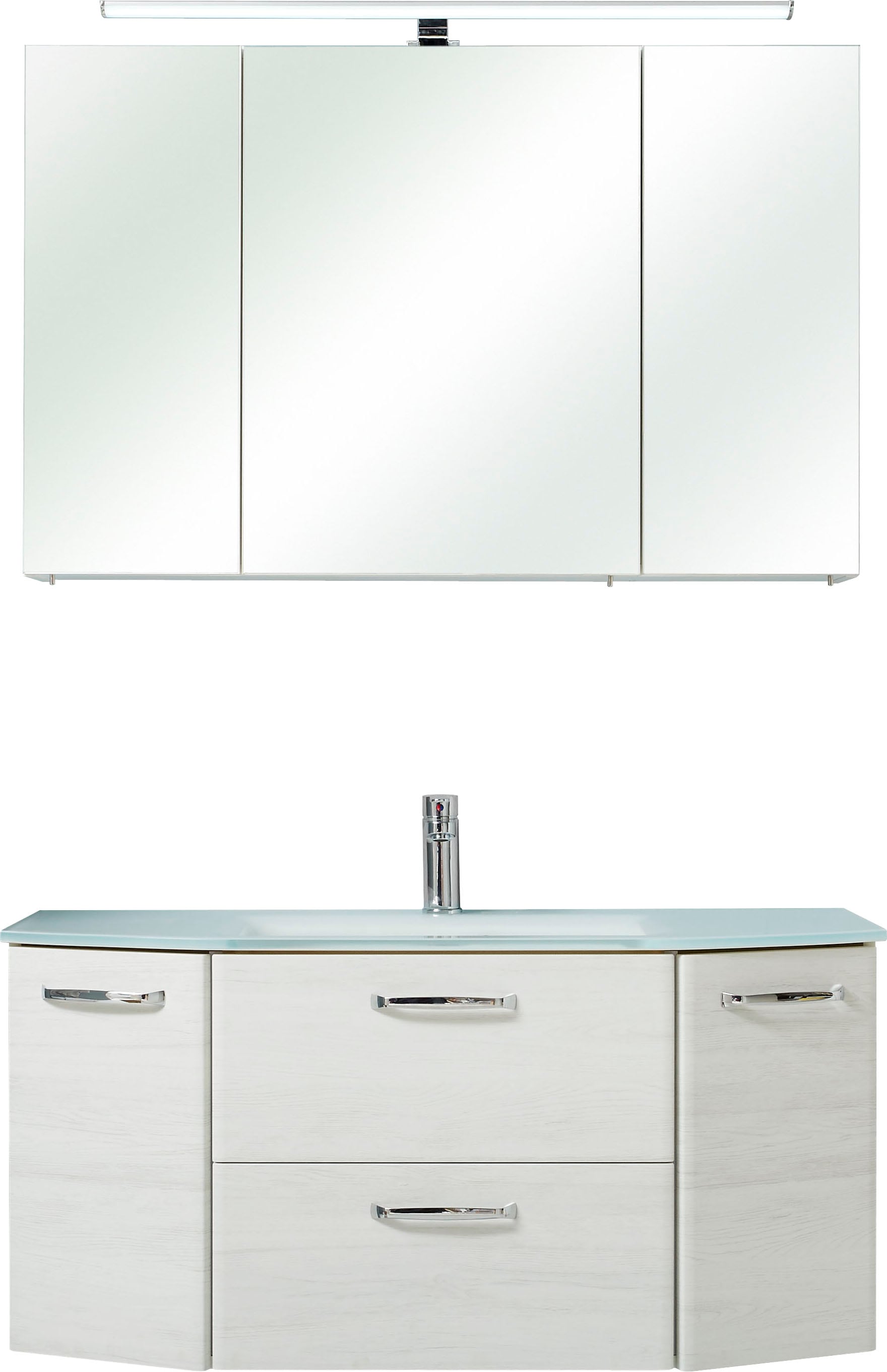 Saphir Badmöbel-Set »Quickset 2-teilig, Glas-Waschtisch mit LED-Spiegelschrank, 5 Türen«, (Set, 2 St.), Unterschrank mit Waschbecken, inkl. Türdämpfer, Griffe Chrom Glanz