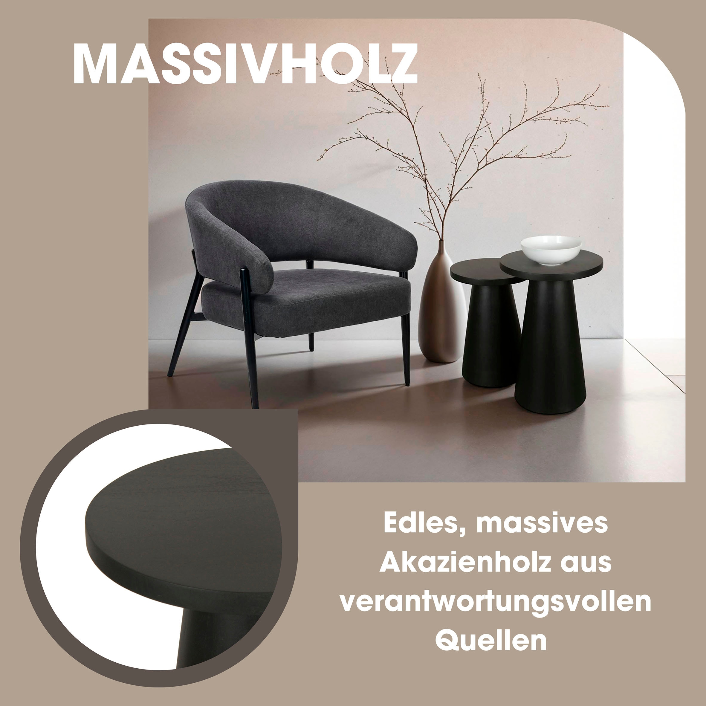 byLIVING Beistelltisch »Cone«, (Set), aus Massivholz in schwarz oder white wash, verschiedenen Größen