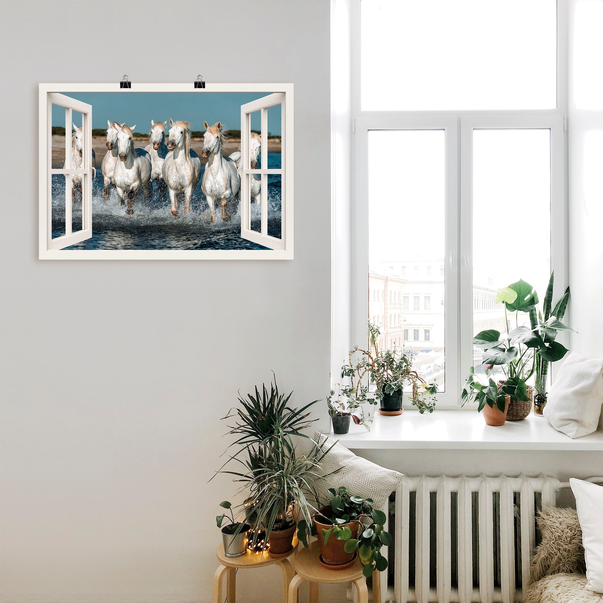 Artland Poster »Fensterblick Pferde am Strand«, Haustiere, (1 St.), als Alubild, Leinwandbild, Wandaufkleber oder Poster in versch. Größen