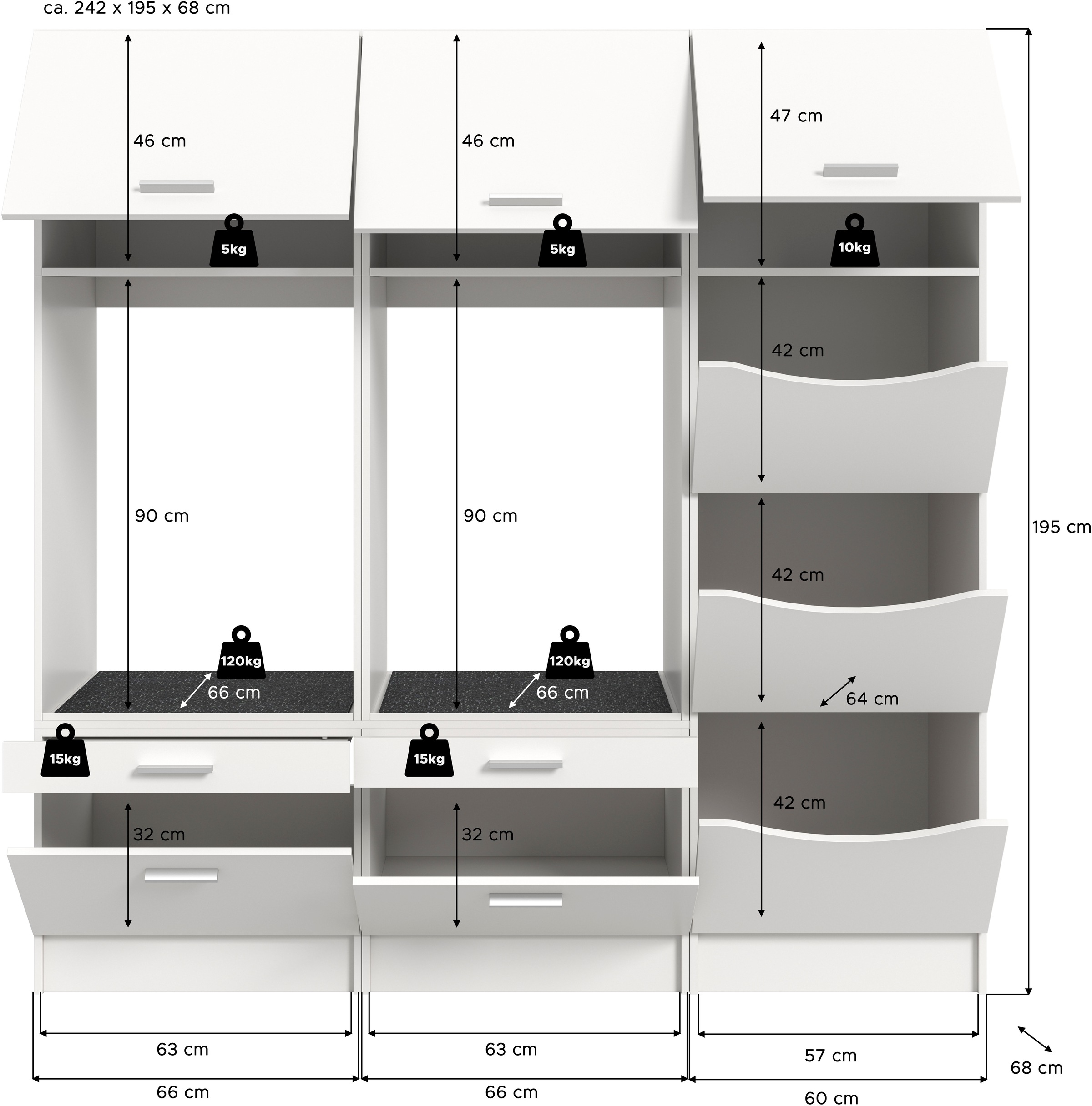 welltime Badmöbel-Set »FALAS, TOPSELLER!, 4-teilig, Hauswirtschaftsraum Set, Breite 248 cm«, (Set, 4 St., 1x Wäscheschrank, 2x Waschmaschinenumbauschrank & 1xMehrzweckschrank), Kombination, Waschmaschinenumbau, Waschmaschinenschrank, Wäschekammer