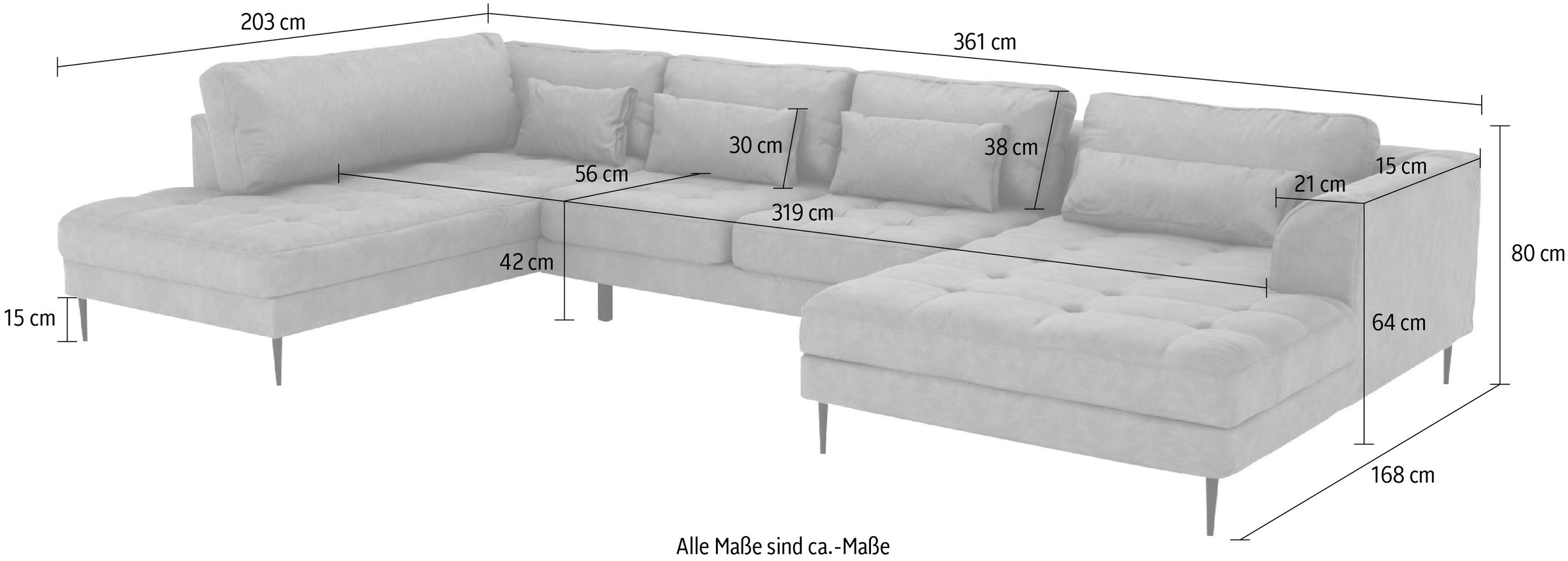 TRENDMANUFAKTUR Wohnlandschaft »Luzi, gemütliches Sofa mit extra viel Platz, U-Form, viele Kissen«, Designsofa mit tollem Sitzkomfort, Metallfüße schwarz, Breite 361 cm
