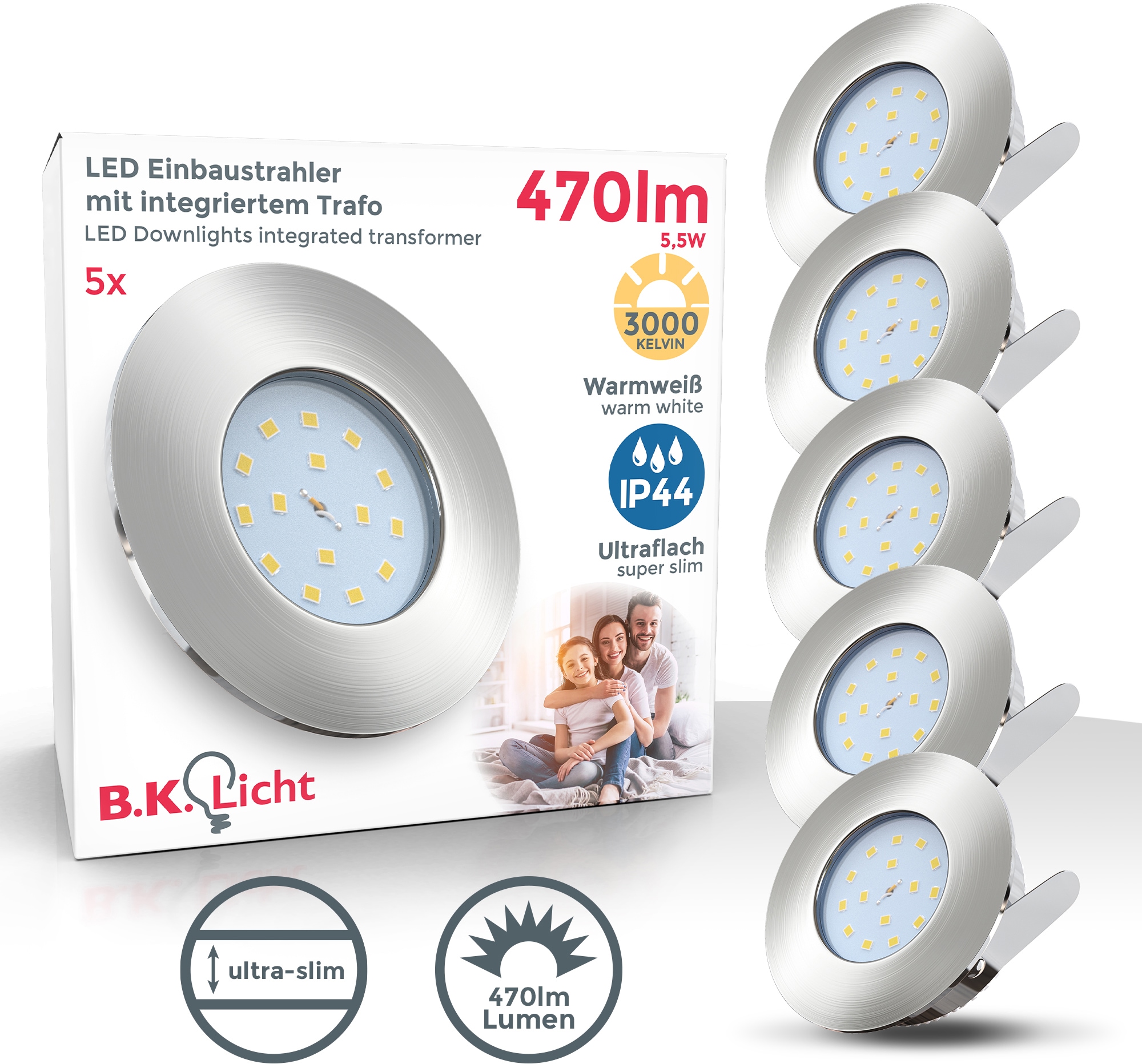 flammig-flammig, 470 5W (30mm), dimmbar, bestellen 5 LED V«, ultra online LED flach Lumen Einbaustrahler, Einbauleuchte »Iris inkl. B.K.Licht