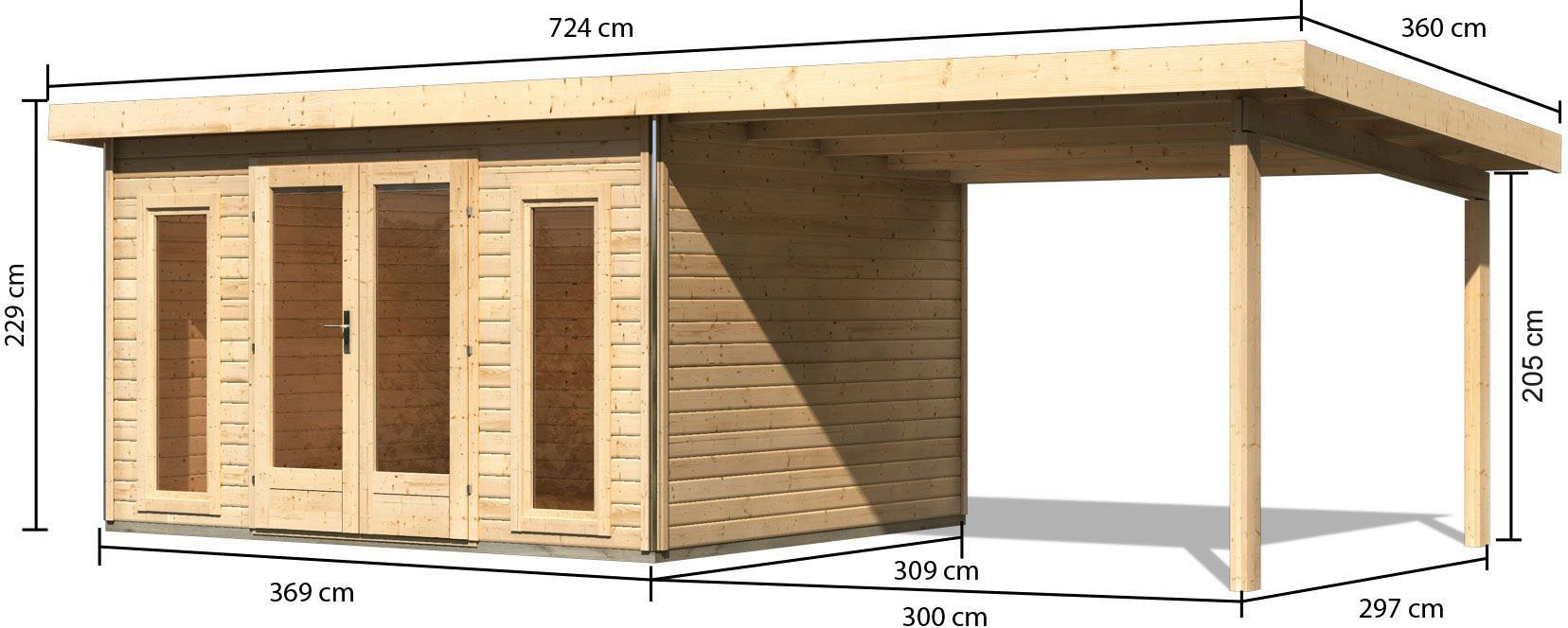 Karibu Gartenhaus »Rabensee 2 SET«, naturbelassen mit Anbaudach 3,3 m