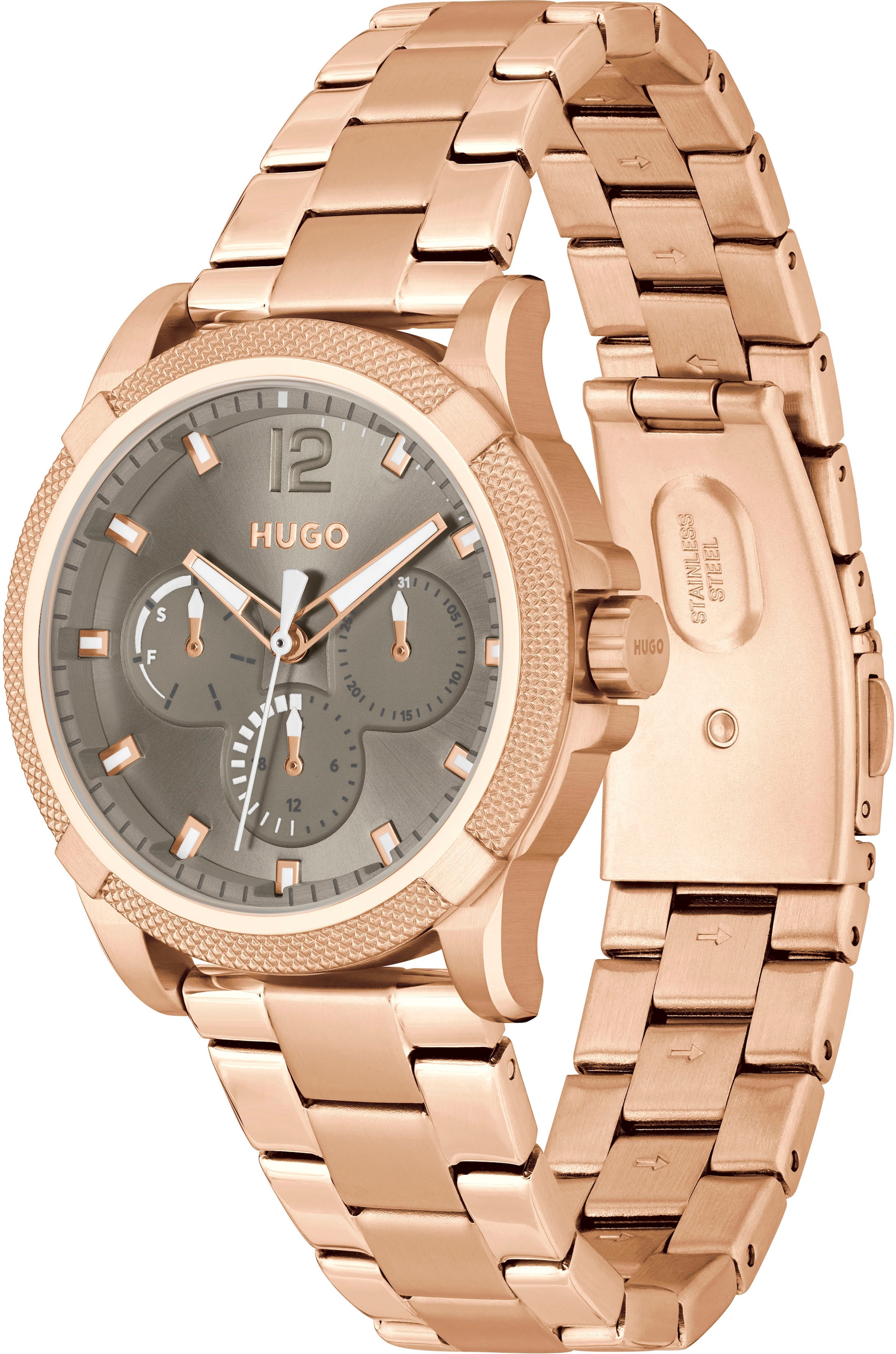 HUGO Multifunktionsuhr »#IMPRESS - FOR HER«, Quarzuhr, Armbanduhr, Damenuhr, Herrenuhr, Edelstahlarmband