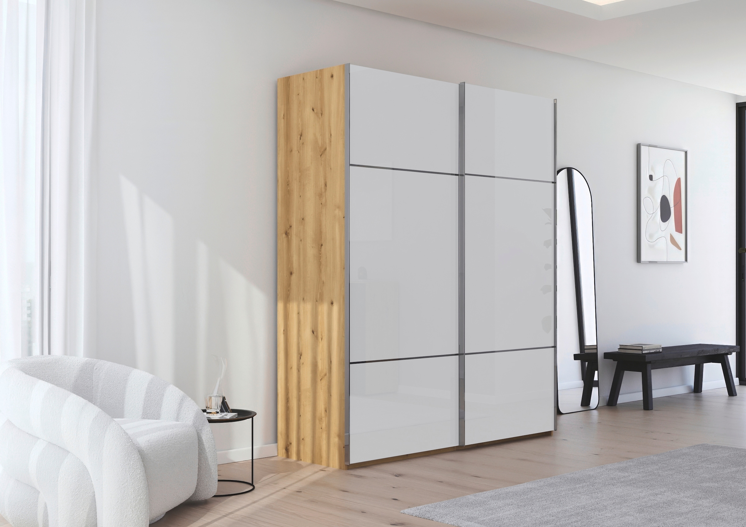 rauch Schwebetürenschrank »Kleiderschrank Schrank Garderobe Schlafzimmerschrank SCALE-TRIO« edle dreigeteilte Front mit 2 Zierleisten Glasfront MADE IN GERMANY