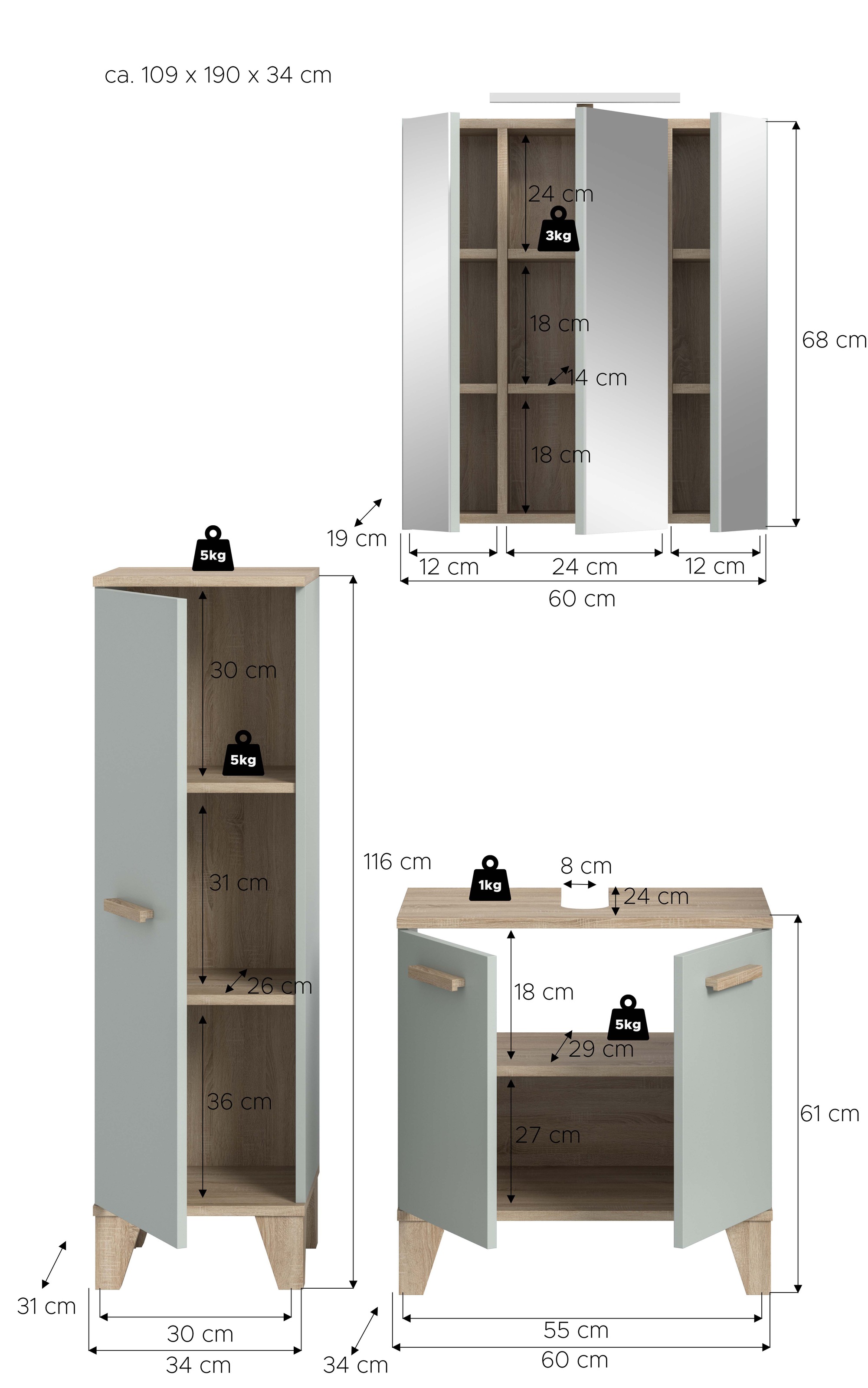 welltime Badmöbel-Set »MINTTU, 3-teilige moderne Badkombi im SCANDI-Look, inkl. Beleuchtung« bestehend aus: Midischrank, Waschbeckenunterschrank & Spiegelschrank, 3 Stk. tlg.