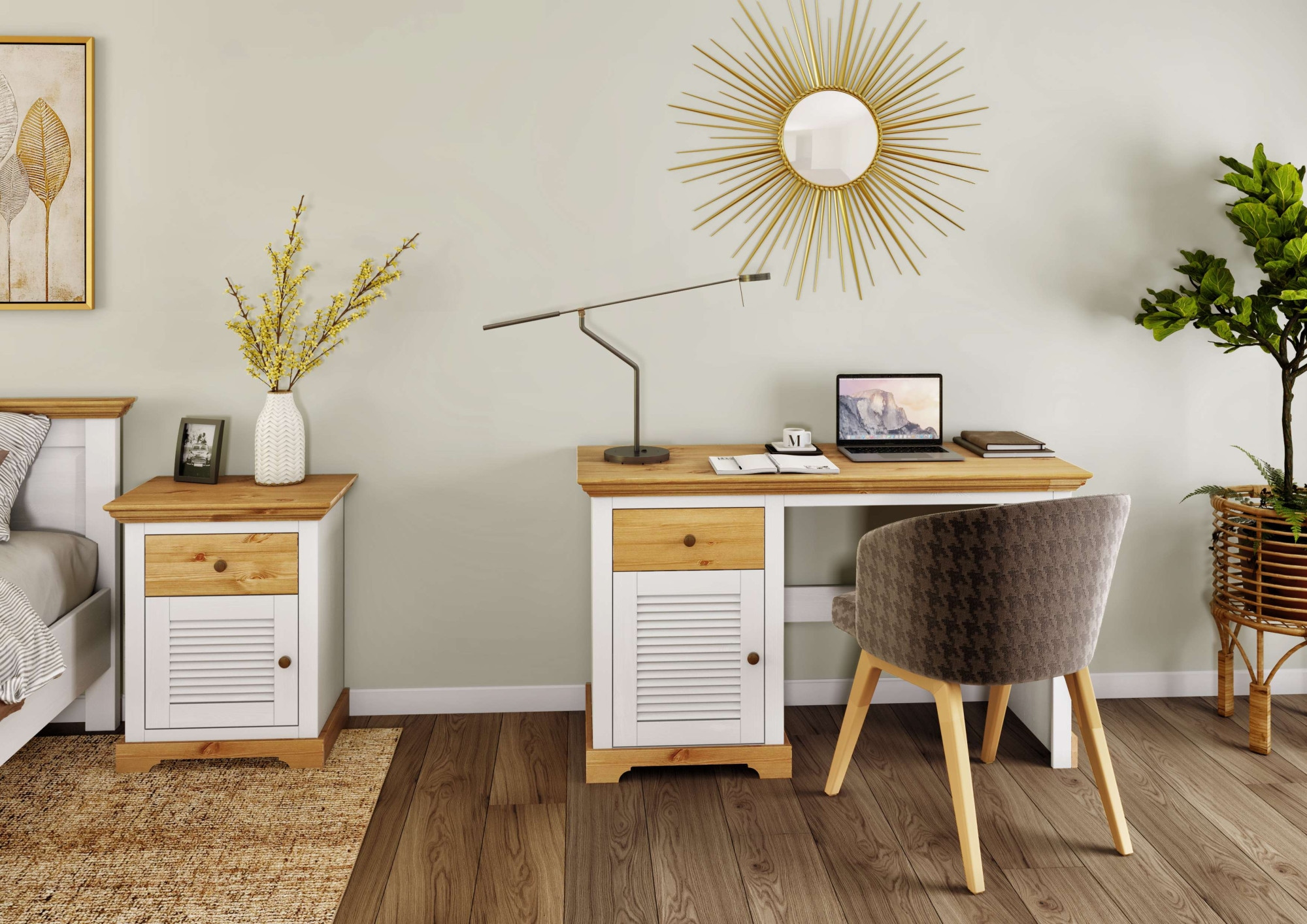 Home affaire Schreibtisch »Ayanna«, Massivholz, mit Schublade und Tür, Lamellenfront, Breite 130 cm