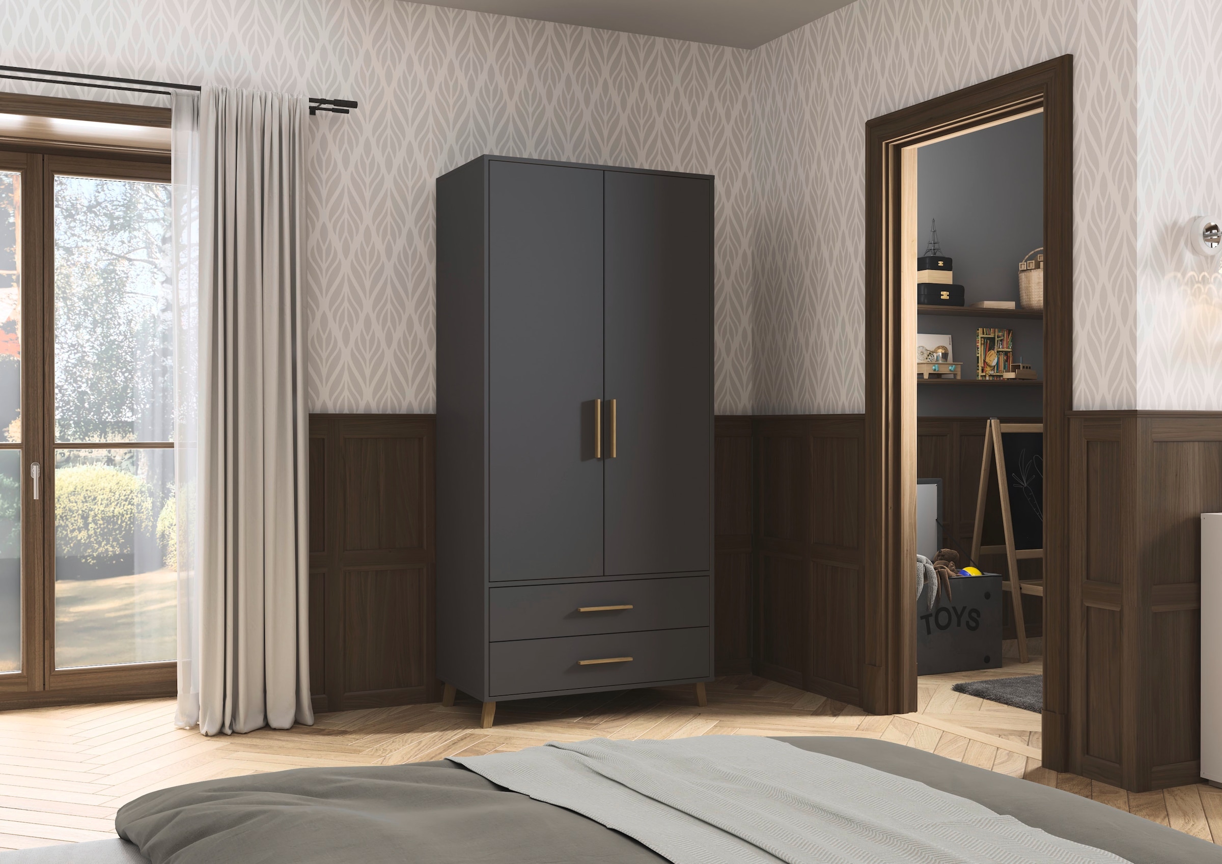 rauch Drehtürenschrank »Kleiderschrank Schrank Garderobe SHINJO Breiten 93/140/187 cm« in 3 verschiedenen Ausstattungen BASIC/CLASSIC/PREMIUM,  Griffe und Füße aus Massivholz mit 2 Schubladen MADE IN GERMANY